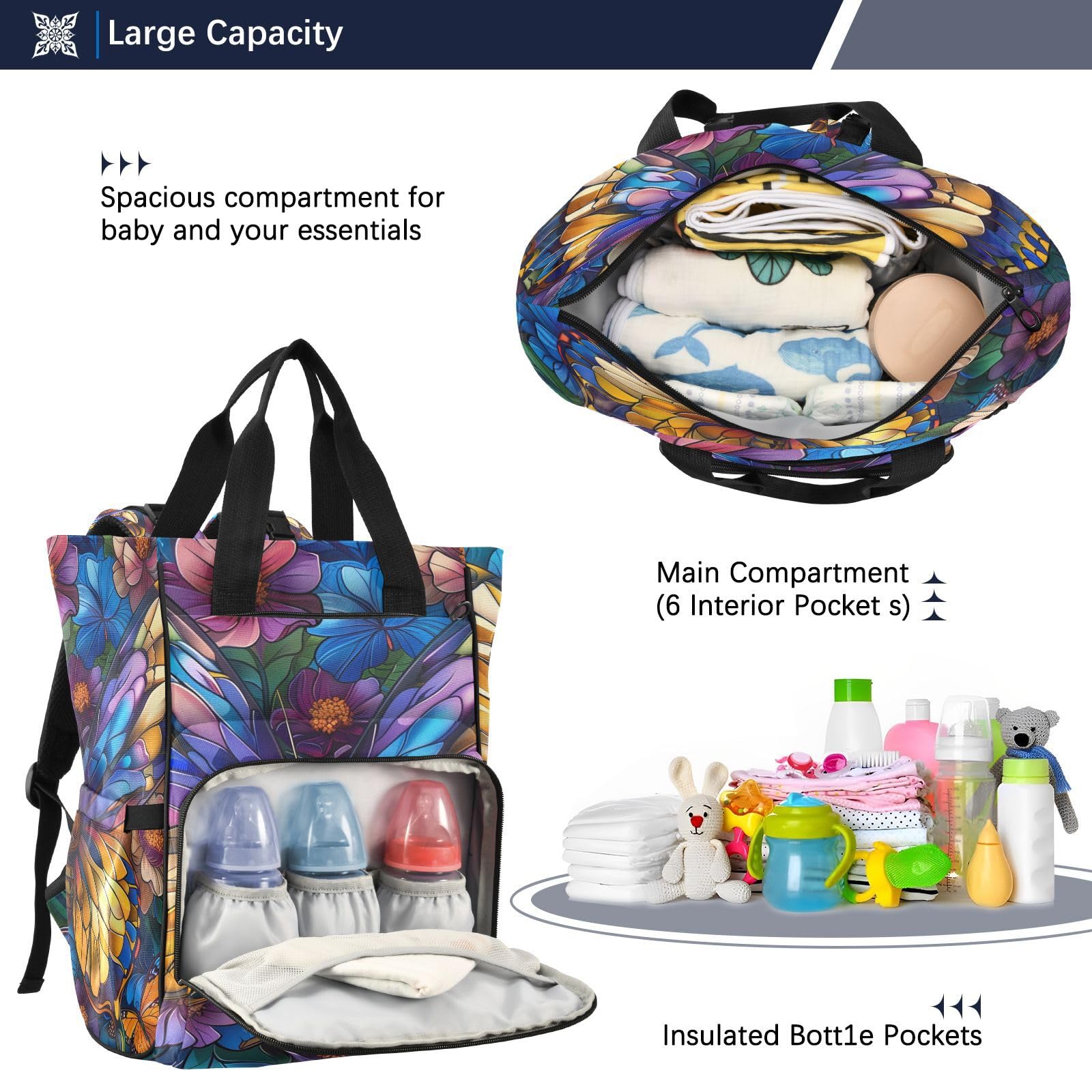 Coloridas Flores Mariposas Mochilas de Pañales para Gran Capacidad Pañal Bolso Mochila para Viajar al Aire Libre Mamá y Papá