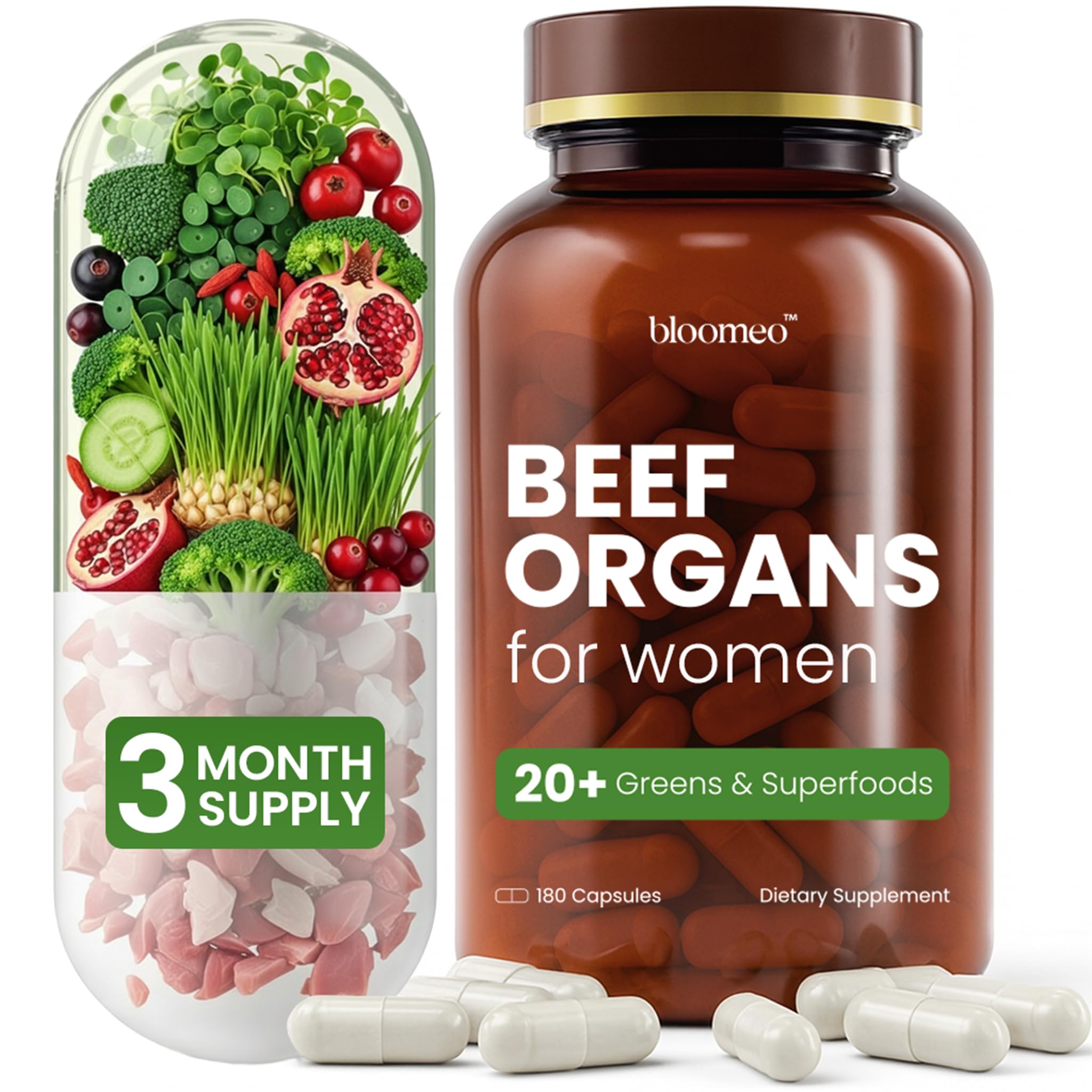 Grass Fed Beef Organ Supplement for Women with Super Greens Antioxidant Fruits 60 Bioavailable Nutrients for Hormone Balance