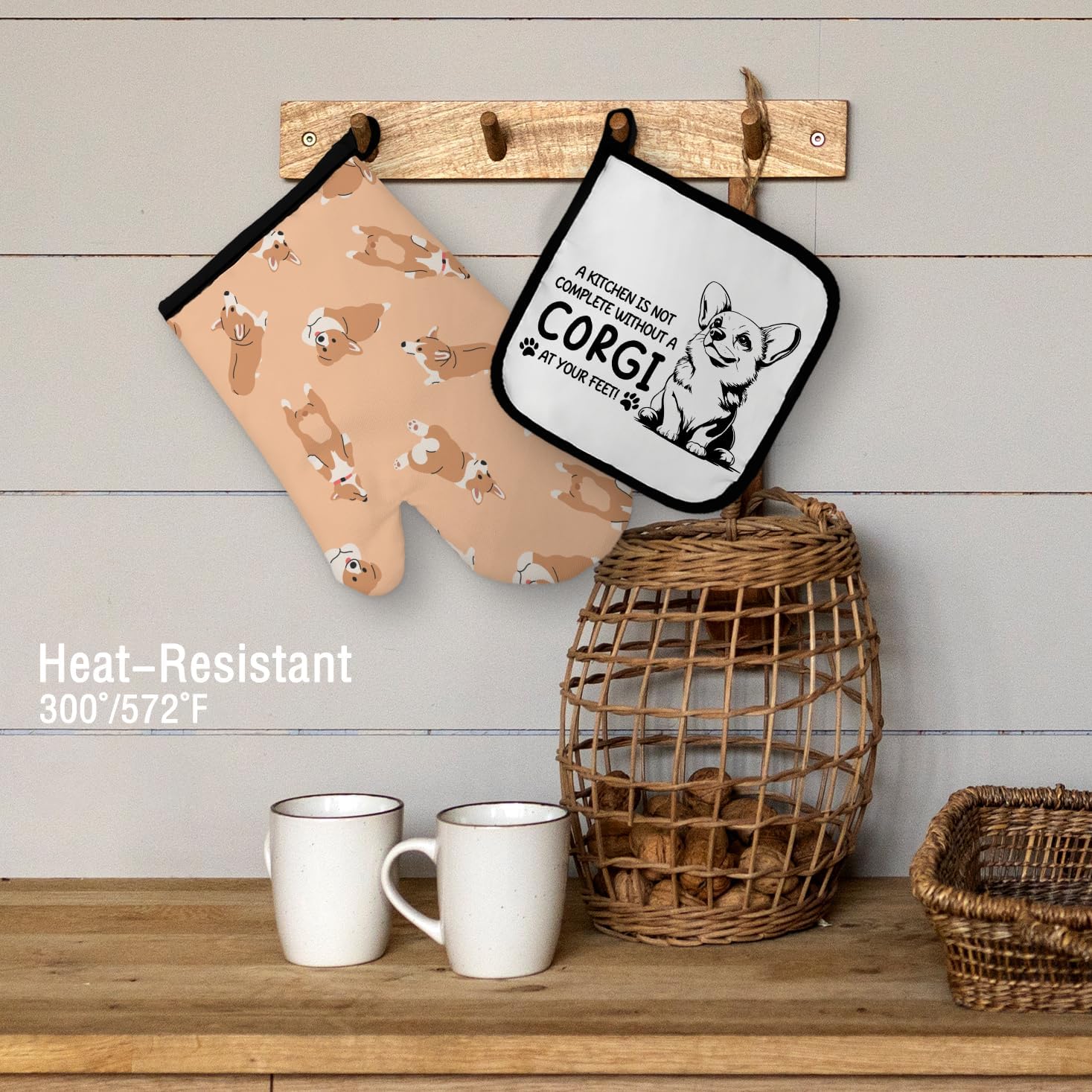 Corgi Dog Oven Mitts and Pot Holders Set - Corgi Gifts for Kitchen Decor