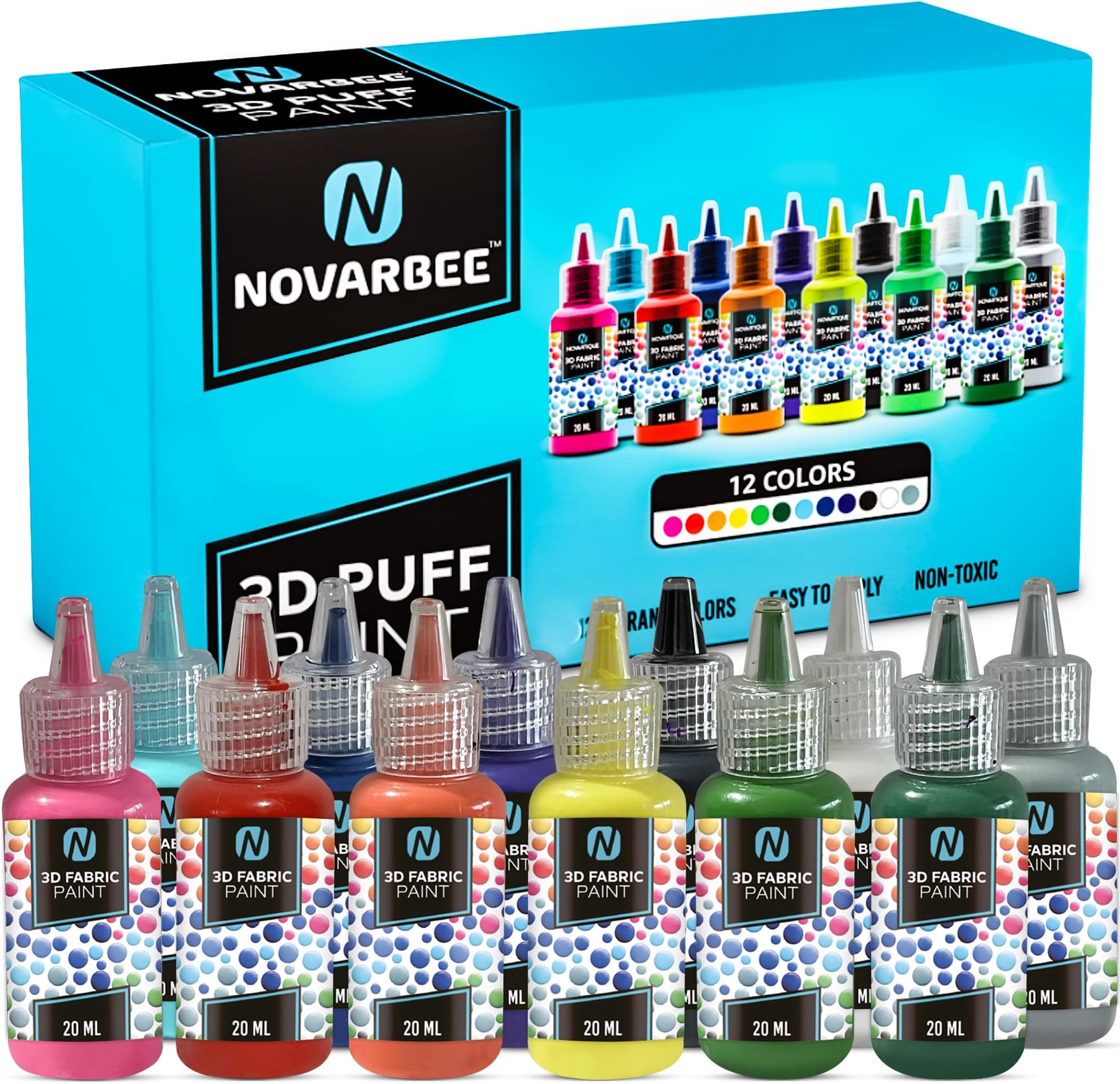 Novarbee- Fabric Paint, 12 Colors Puff Paint, 0.67 Oz, Fabric Paint For Clothes, 3d Puff Pens, Puff Paint For Crafts, Canvas, Glass, Clothing, Wood.