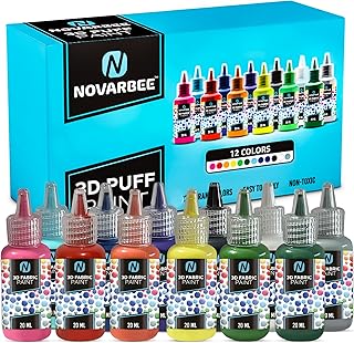Novarbee- Fabric Paint, 12 Colors Puffy Paint, 0.67 Oz, Fabric Paint For Clothes, 3d Puffy Pens, Puffy Paint For Crafts, Canvas, Glass, Clothing, Wood.