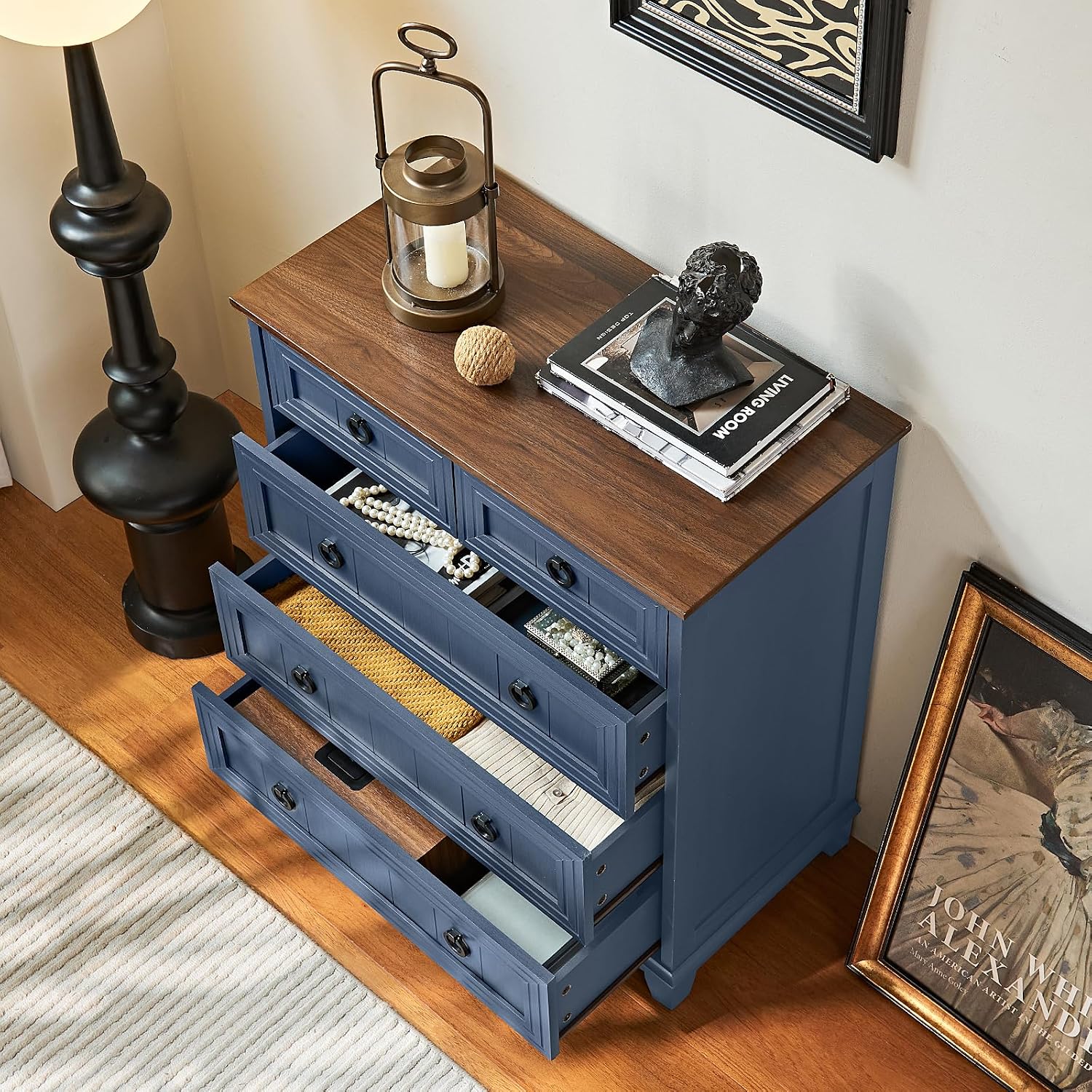 Joaxswe Farmhouse 5 Drawer Dresser for Bedroom Set of 2, 33.2" Tall Small Dressers & Chest of Drawers, Rustic Wood Dresser with Metal Handle, Storage Organizer Closet for Living Room, Hallway,Entryway image 5