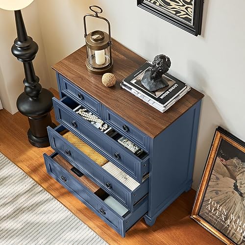 Miniatura 4 de Cómoda rústica de 5 cajones para dormitorio, cómoda pequeña de 33.2 pulgadas de alto y cómoda, cómoda de madera rústica con mango de metal, Conjunto