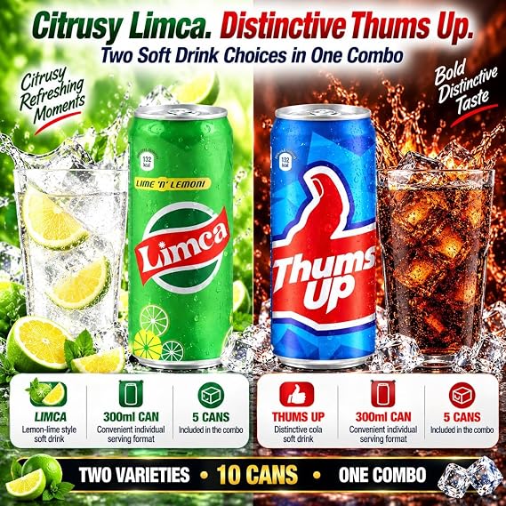 Limca & Thums Up Combo Pack – 10 Cans Total (5 Limca 300ml + 5 Thums Up 300ml) – Sparkling Lemon-Lime & Bold Cola Flavours – Refreshing Soft Drink Set