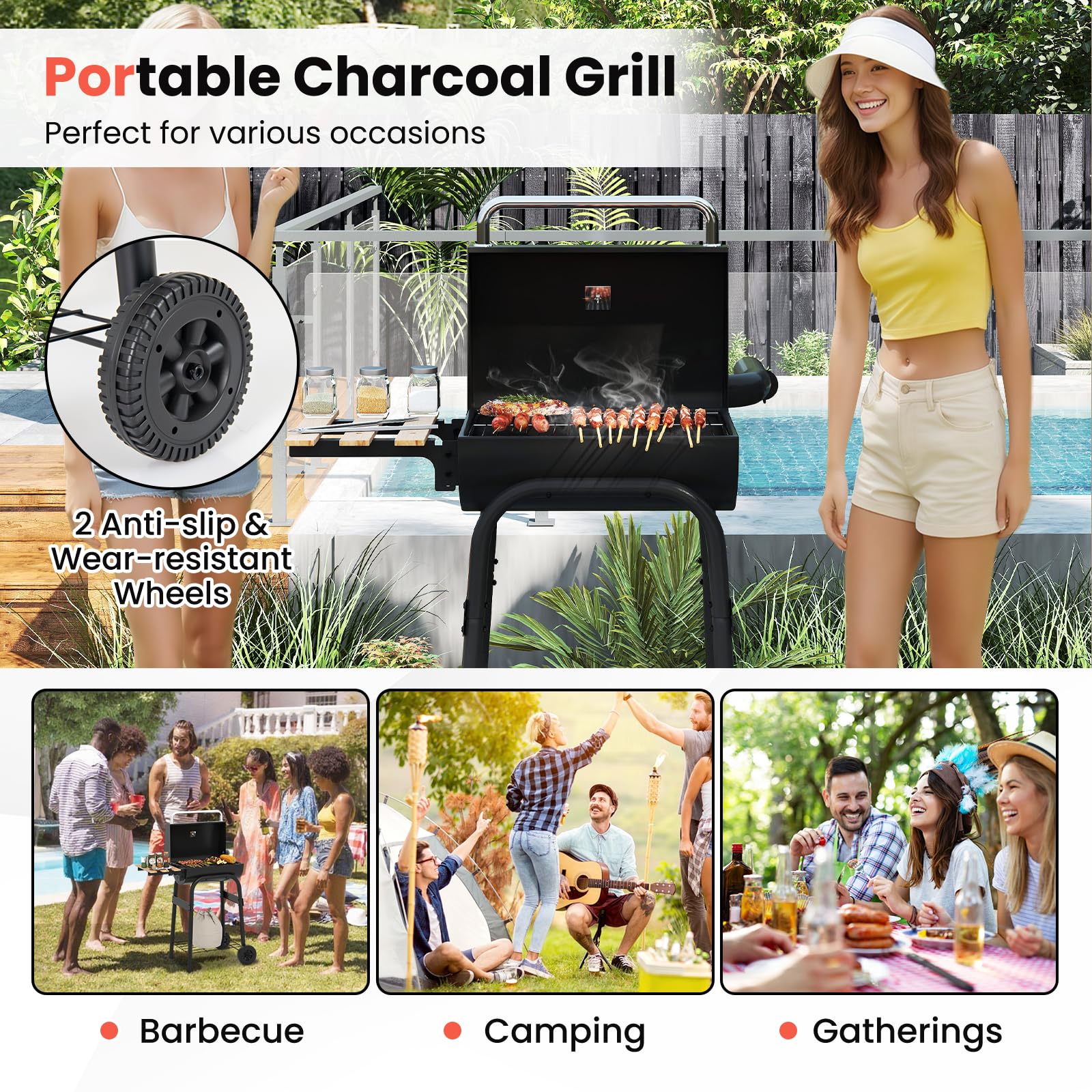 KOMFOTTEU Barbacoa de Carbón Portátil con 2 Ruedas y Mesa Lateral Plegable | Carro para Barbacoa con Termómetro y Estante, para Picnic, Fiesta, Jardín