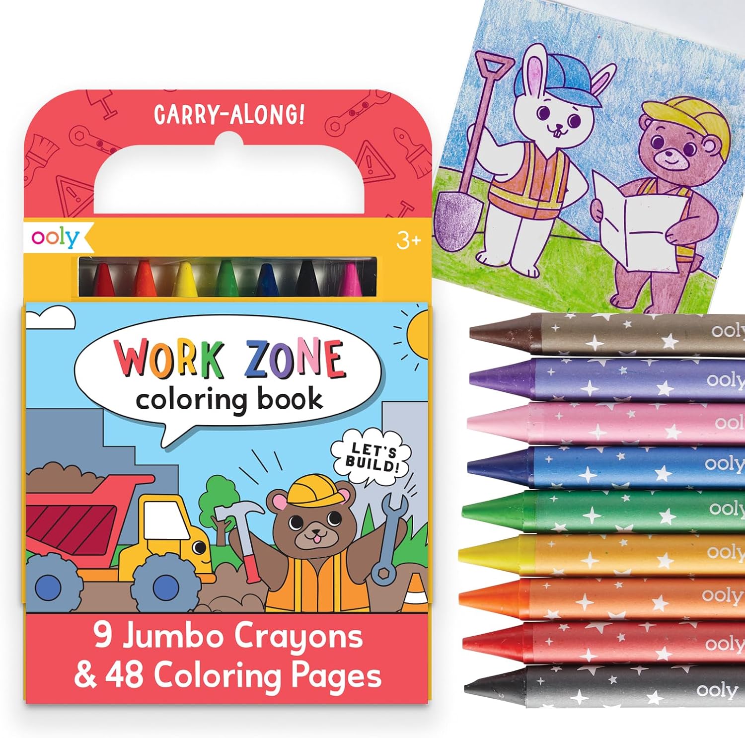 Ooly Travel Art Kit with 9 Jumbo Crayons & 48 Themed Coloring Pages & Case for Easy Traveling Art Creation, Perfect Airplane & Road Trip Activities for Kids - Work Zone