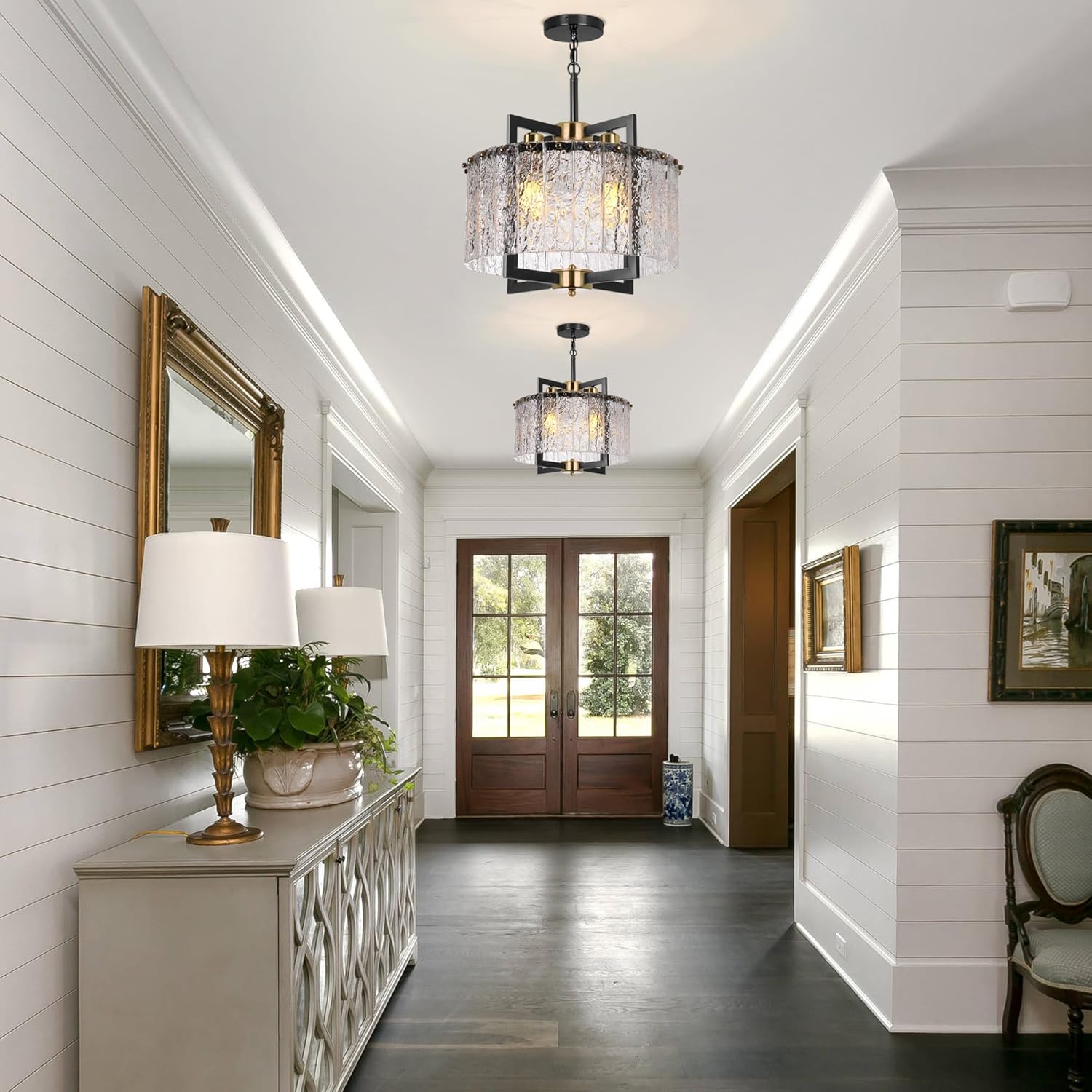Modern Semi Flush Mount Ceiling Light Chandeliers for Dining Room, Water Ripple Glass Chandelier, Adjustable Height,Drum Pendant Lighting for Foyer Kitchen Island-Black and Gold 16"