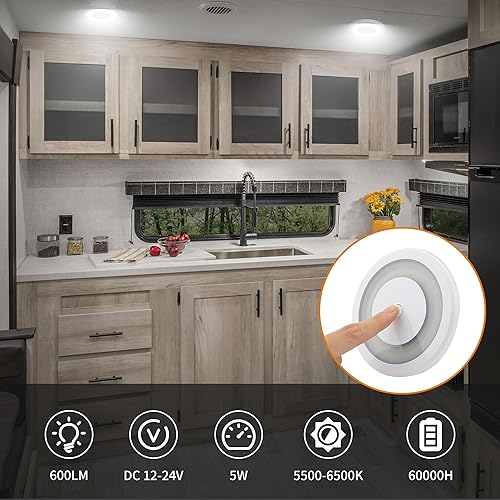 Miniatura 3 de Luz LED de techo para cámper, 12 V, luz de disco regulable con interruptor de atenuación táctil, iluminación interior para caravana, barco, cámper,