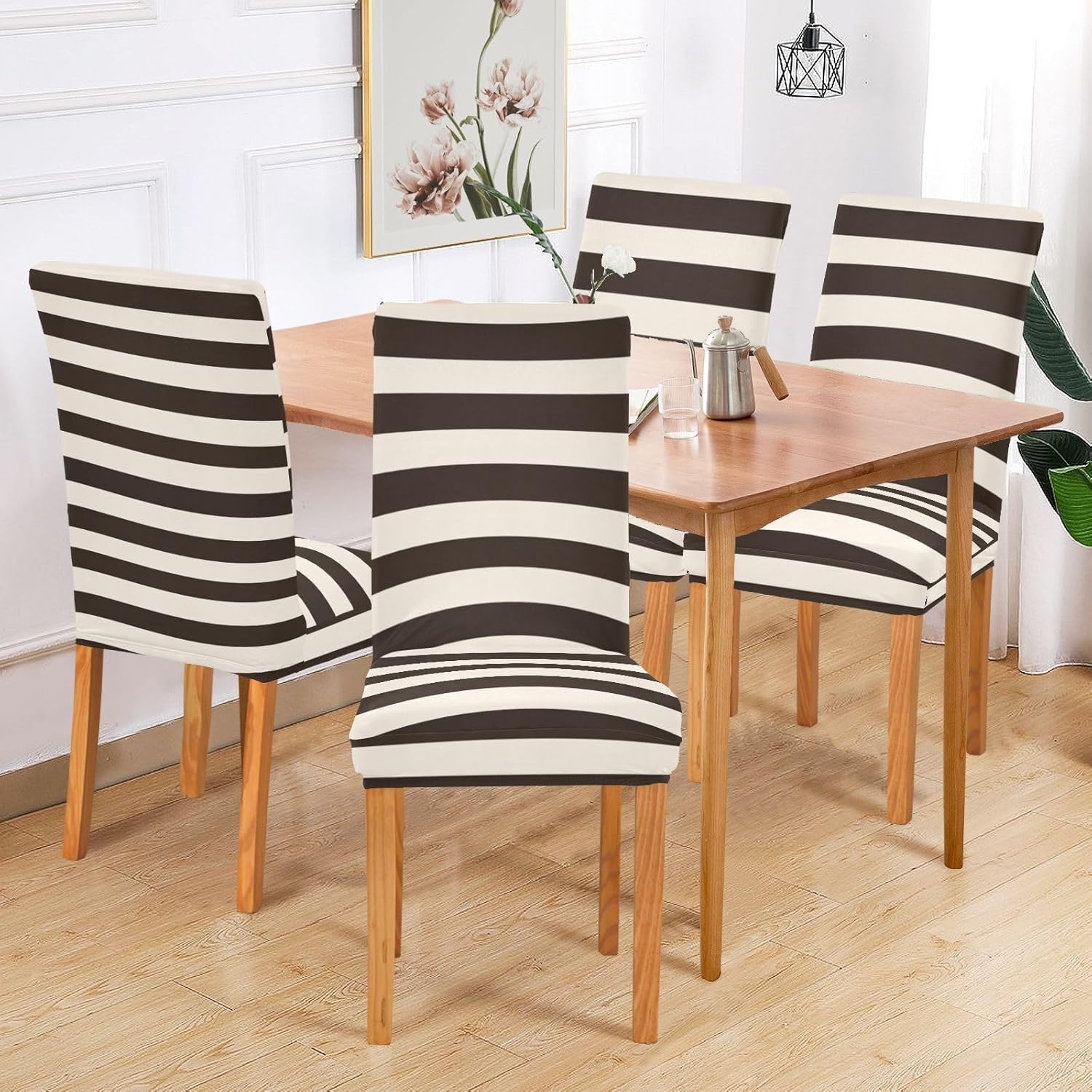 ALAZA Chair Covers for Dining Room, Brown White Striped Stretch Chair Cover Sets Chair Protector Removable Washable for Ktichen Restaurant Hotel