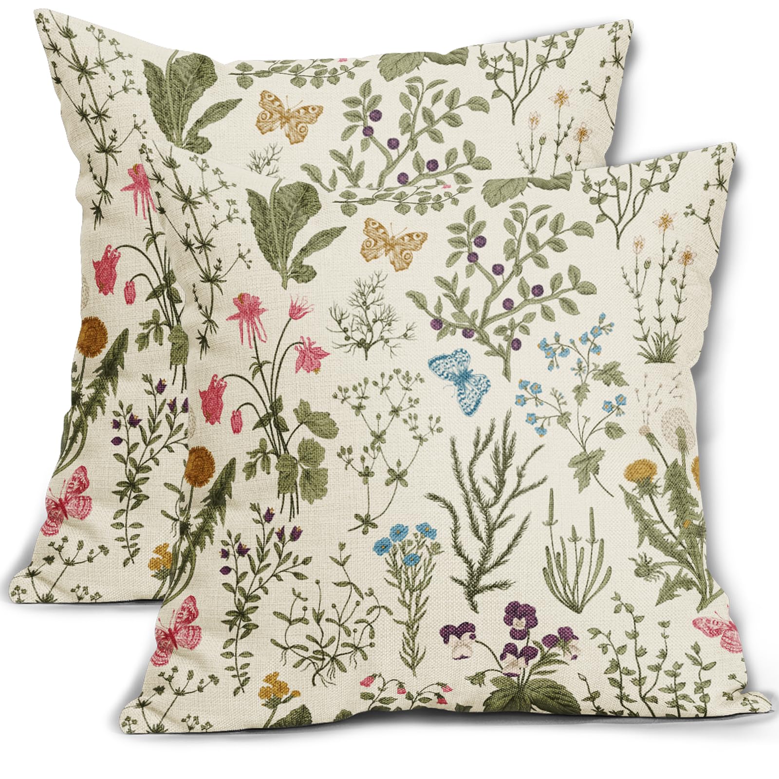 sorfbliss Spring Floral Pillow Covers 20x20 Set of 2 Sage Green Wild Flower Plant Vintage Botanical Print Decorative Throw Pillow Cases Outdoor Seasonal Farmhouse Decor for Sofa Couch Bed