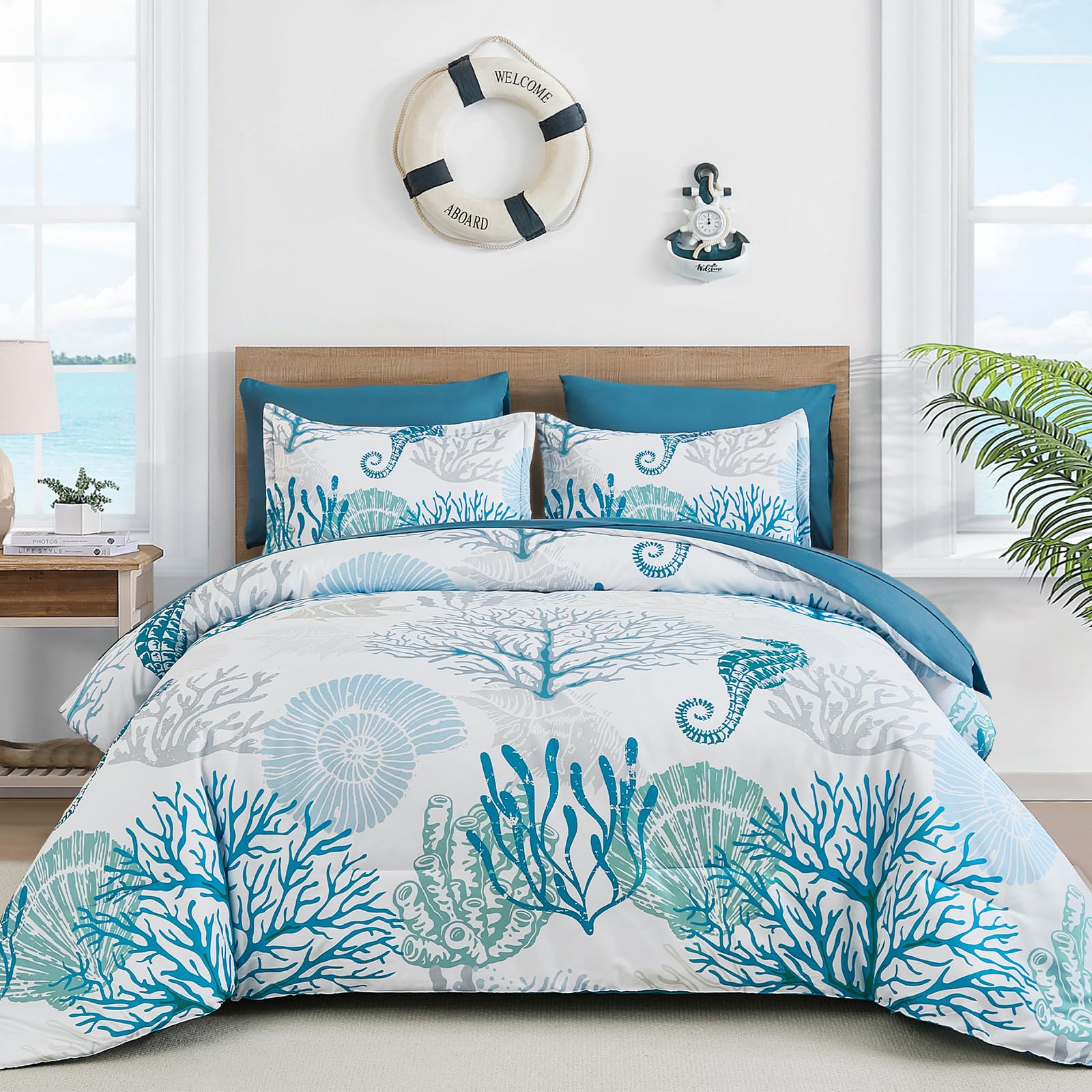 WONGS BEDDING Coastal Comforter Set Queen Beach Themed