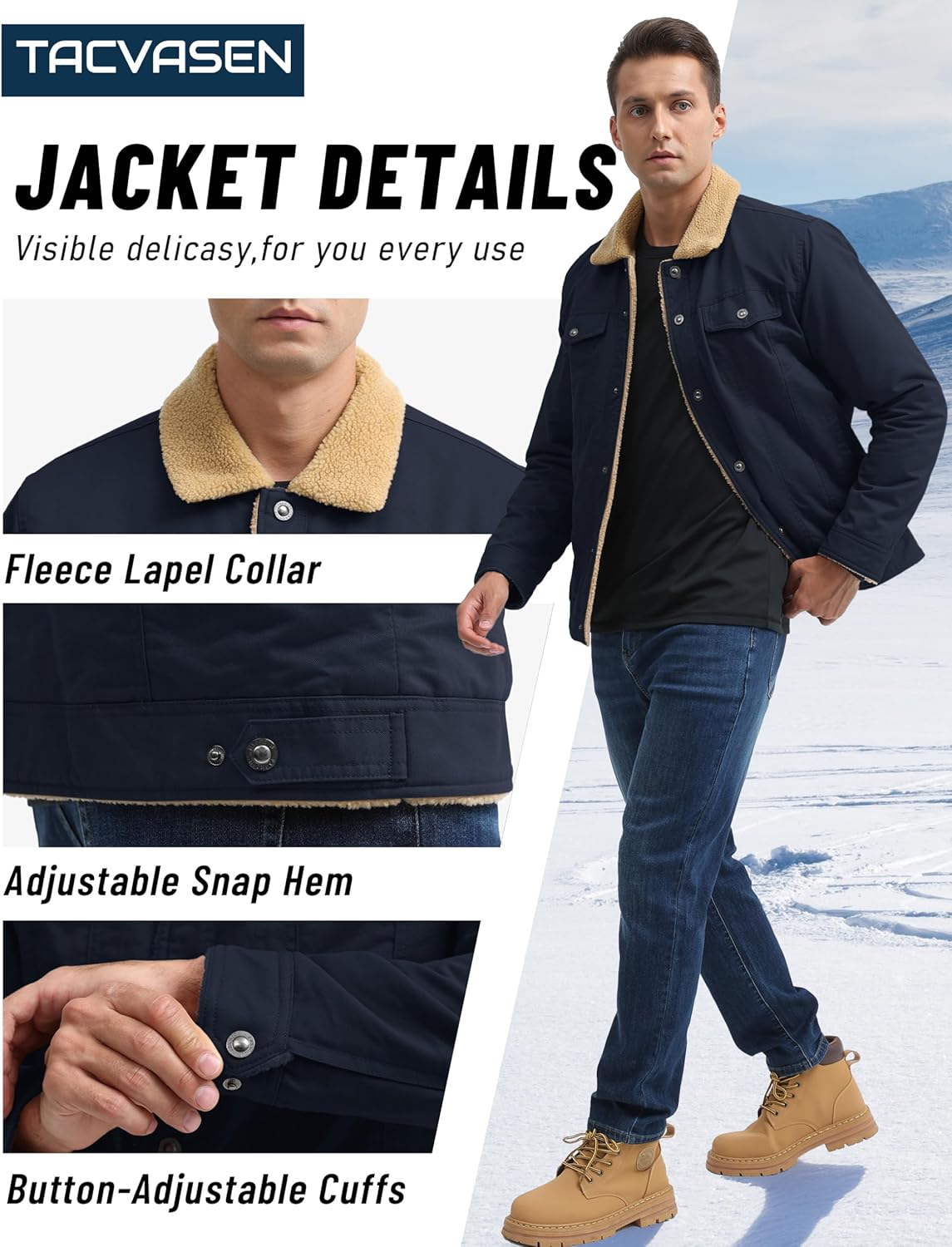 TACVASEN Mens Winter Jacket Thick Thermal Sherpa Jacket Warm Lapel Fleece Lined Coats Trucker Work Cargo Multi Pockets - Image 6