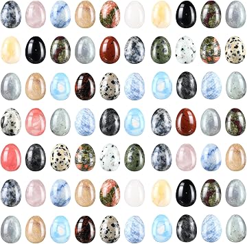 64 Pieces Worry Stones Egg, Polished Gemstone Rock Crystals for Anxiety Relief, Meditation, Reiki, Chakra Balancing, Easter Decor Classic Color, 20-25 Styles