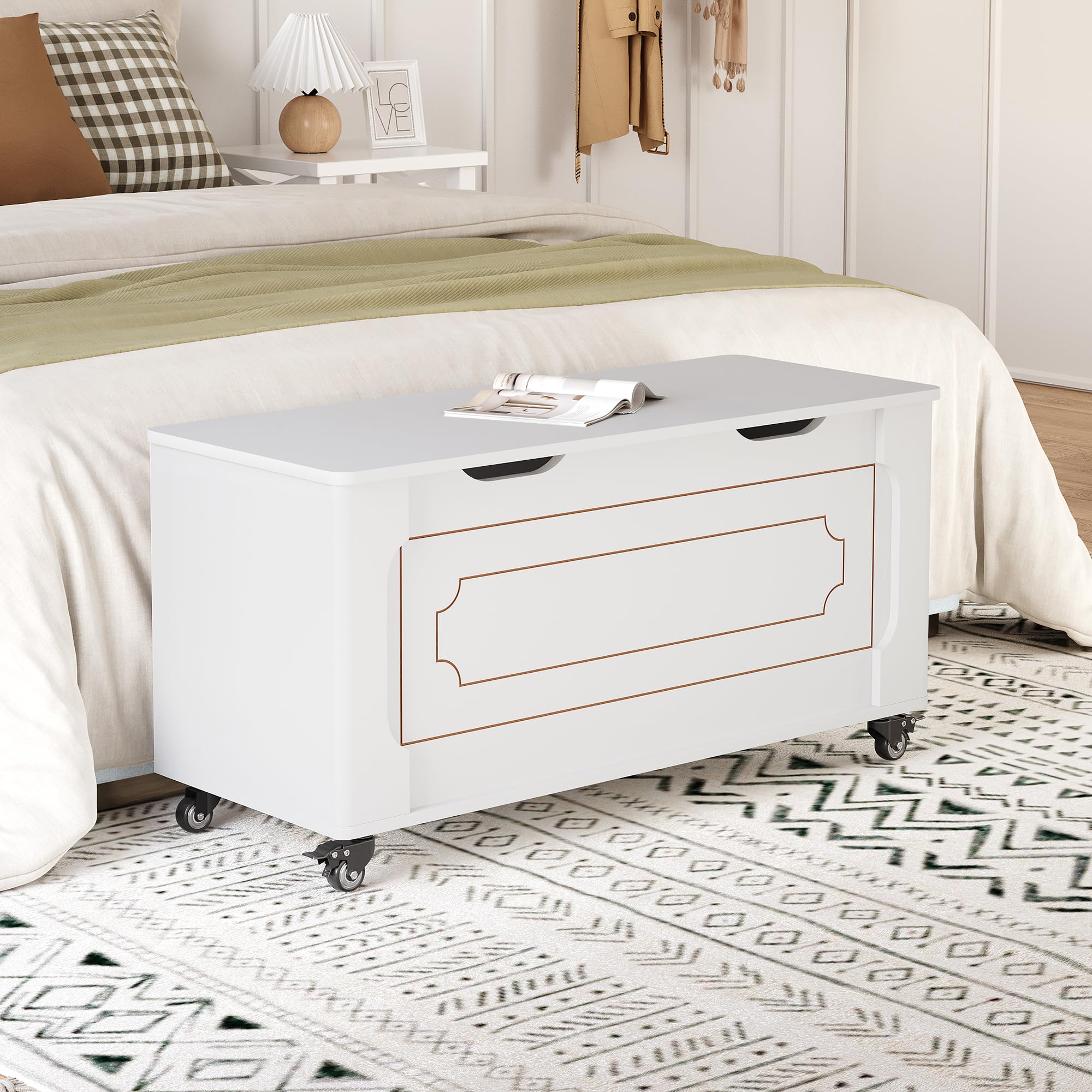 Garvee Sitzbank mit Stauraum – 100 cm Holz-Aufbewahrungsbank mit Rollen, Sicherheits-Scharnieren, bis 160 kg belastbar, abgerundete Ecken & U-Ausschnitt – Moderne Truhe für Flur, Wohnzimmer