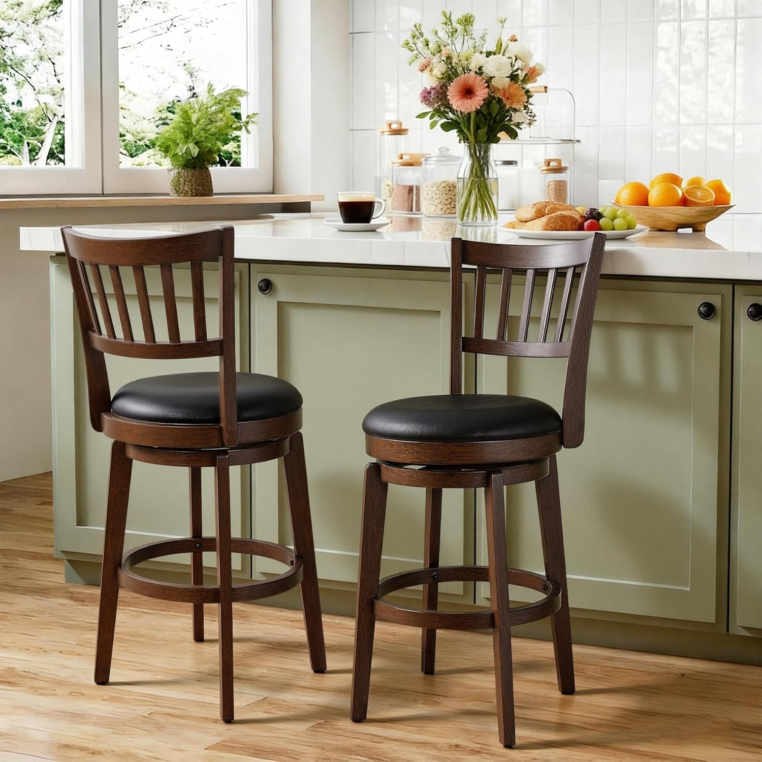 HomeMiYN Counter Height Bar Stools Set of 2, 26” Black Faux Leather Swivel Barstools with Wood Legs and High Back, Upholstered Round Counter Chairs with Footrest for Kitchen Island