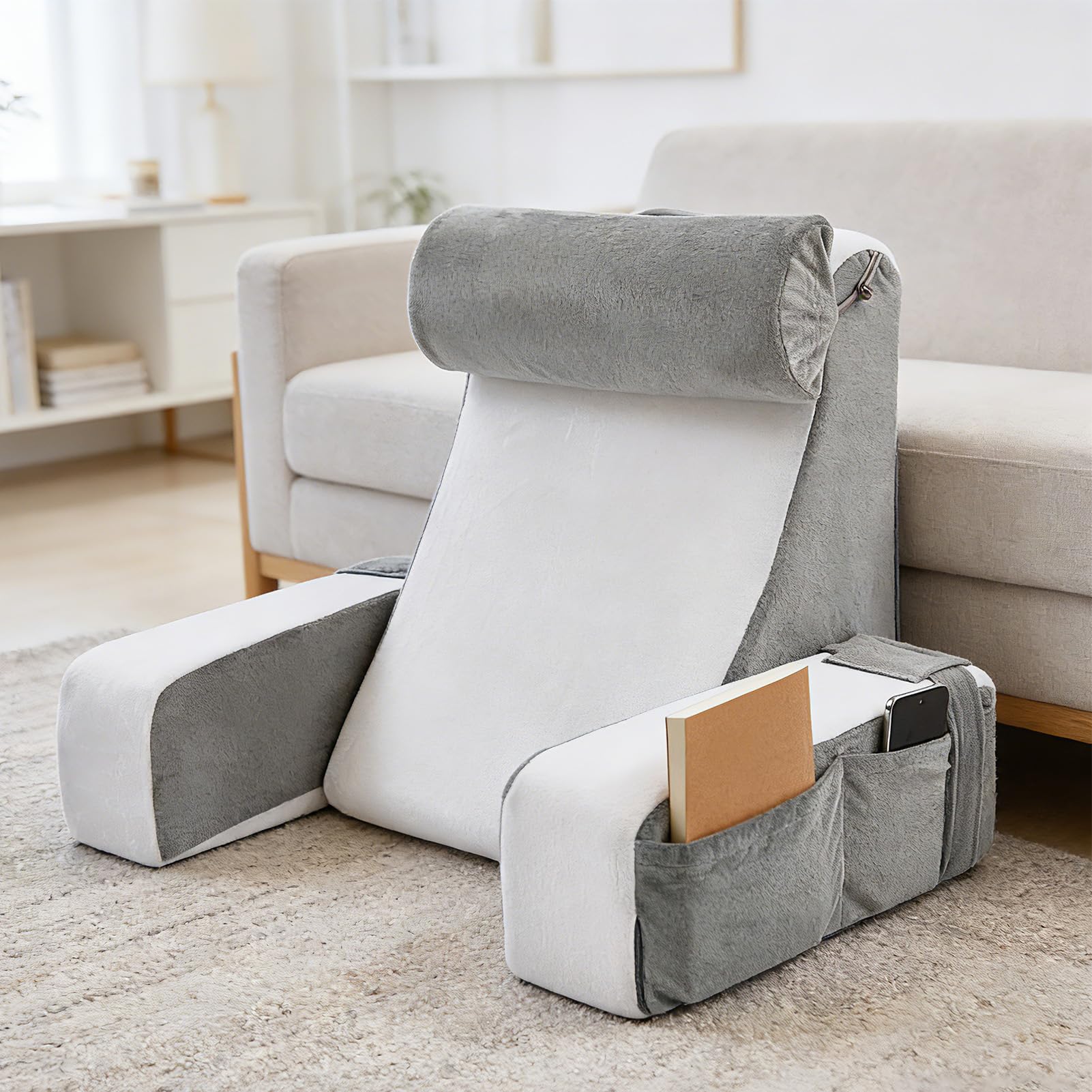 Lesekissen Für Bett Und Sofa, Rückenkissen Mit Abnehmbarer Nackenrolle & Armlehne, Rückenstützkissen Bett Mit Aufbewahrungstasche, Rückenlehne Kissen Zum Lesen, Arbeiten, Schlafen, Fernsehen