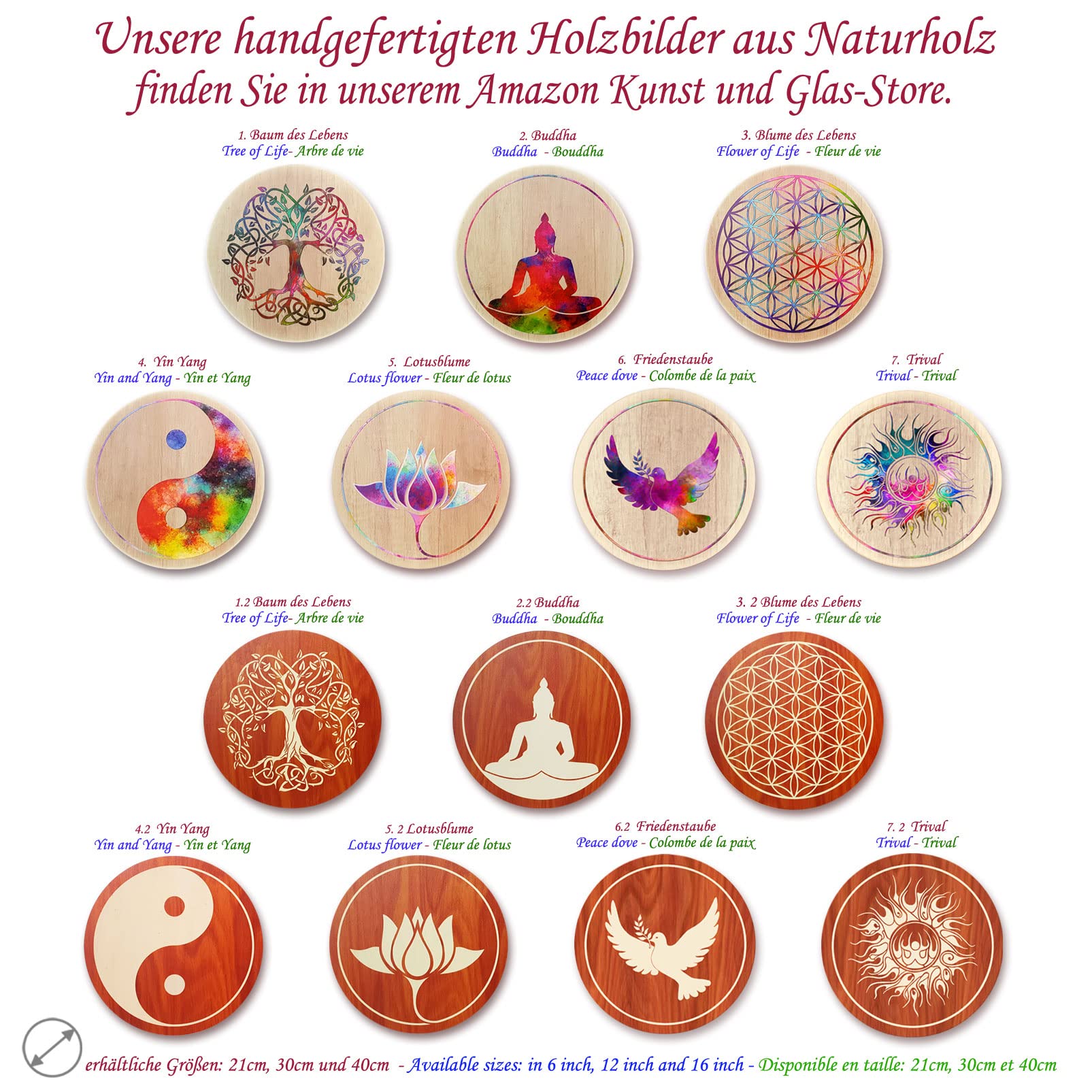 Kunst und Glas® · Obraz drewniany · Kwiat życia · Ø 40 cm · symbol ochrony akcesoria do medytacji joga kwiat życia na naturalnym drewnie · pomysł na prezent urodzinowy · obraz ścienny podziękowanie · dekoracja ścienna salon