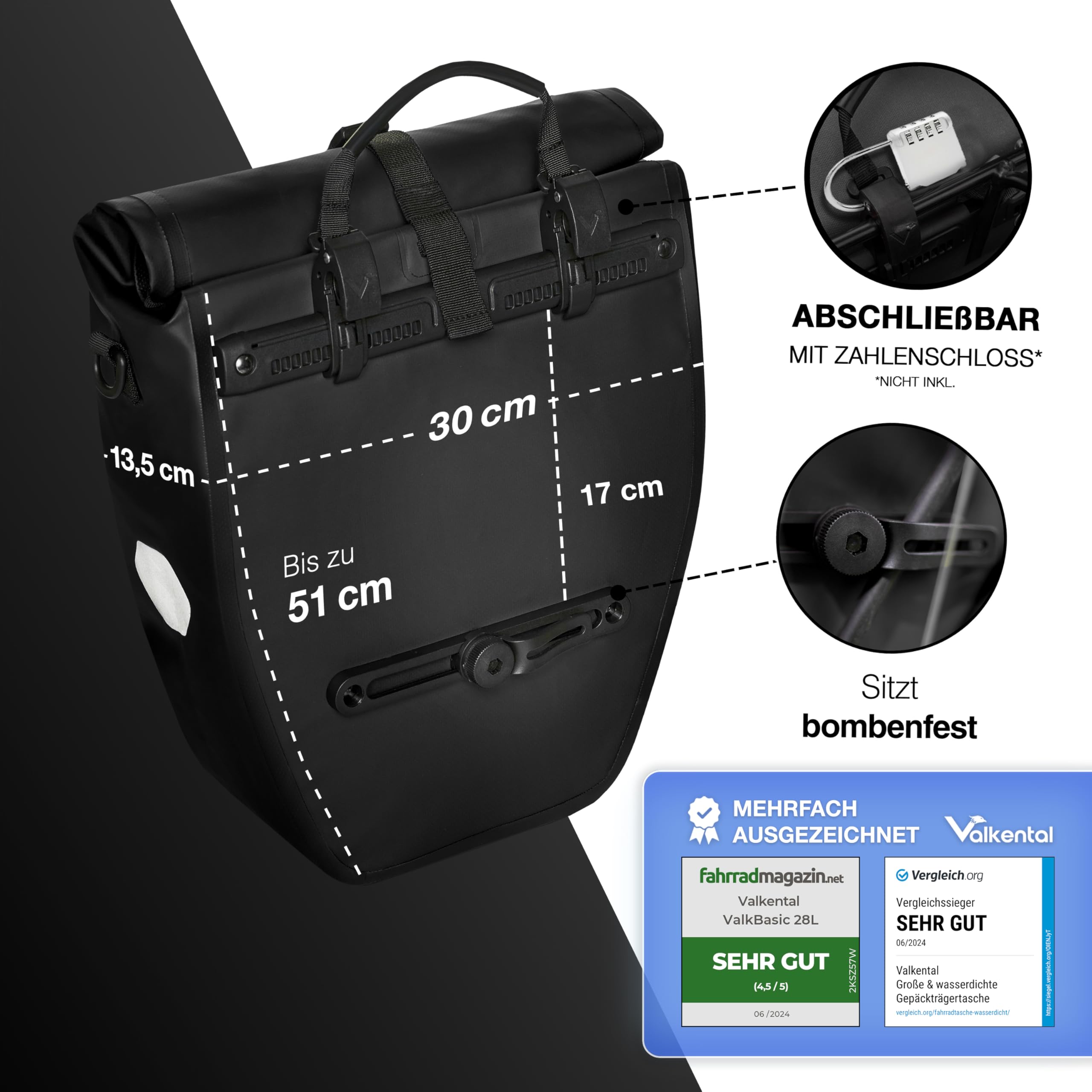 Valkental® Große & wasserdichte Gepäckträgertasche - Fahrradtasche für Gepäckträger mit großen Reflektoren [Abschließbar] Bombenfester Sitz - Mehrfach ausgezeichnet - Gefertigt für Langlebigkeit - 2