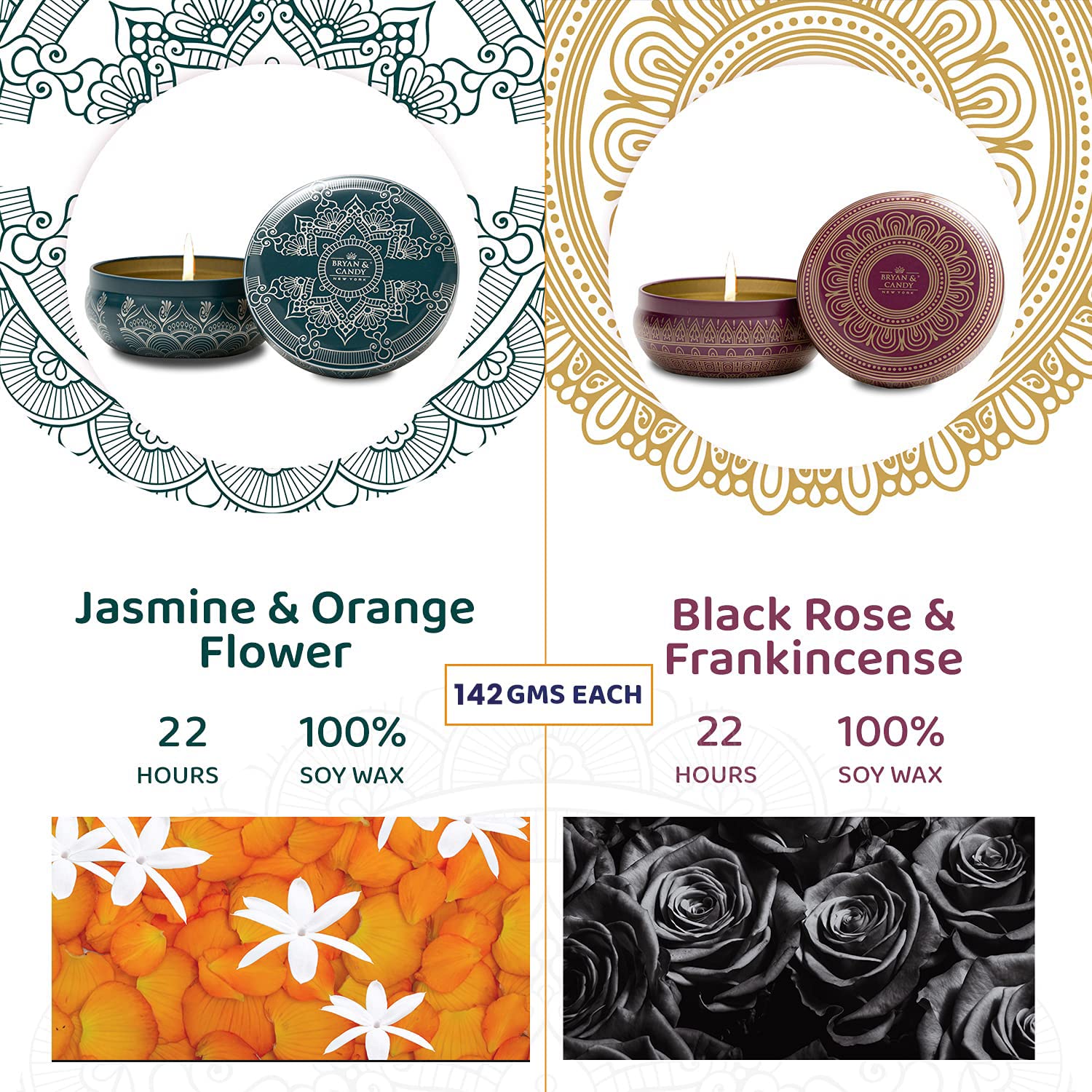 Bryan & Candy Sojawachs bedruckte Dosen-Duftkerzen, Jasmin & Orangenblüte, schwarze Rose & Weihrauch und Citrus Zedernholz Geschenkset für Frauen & Männer (Jasmin, schwarze Rose Kerze (2 Stück)
