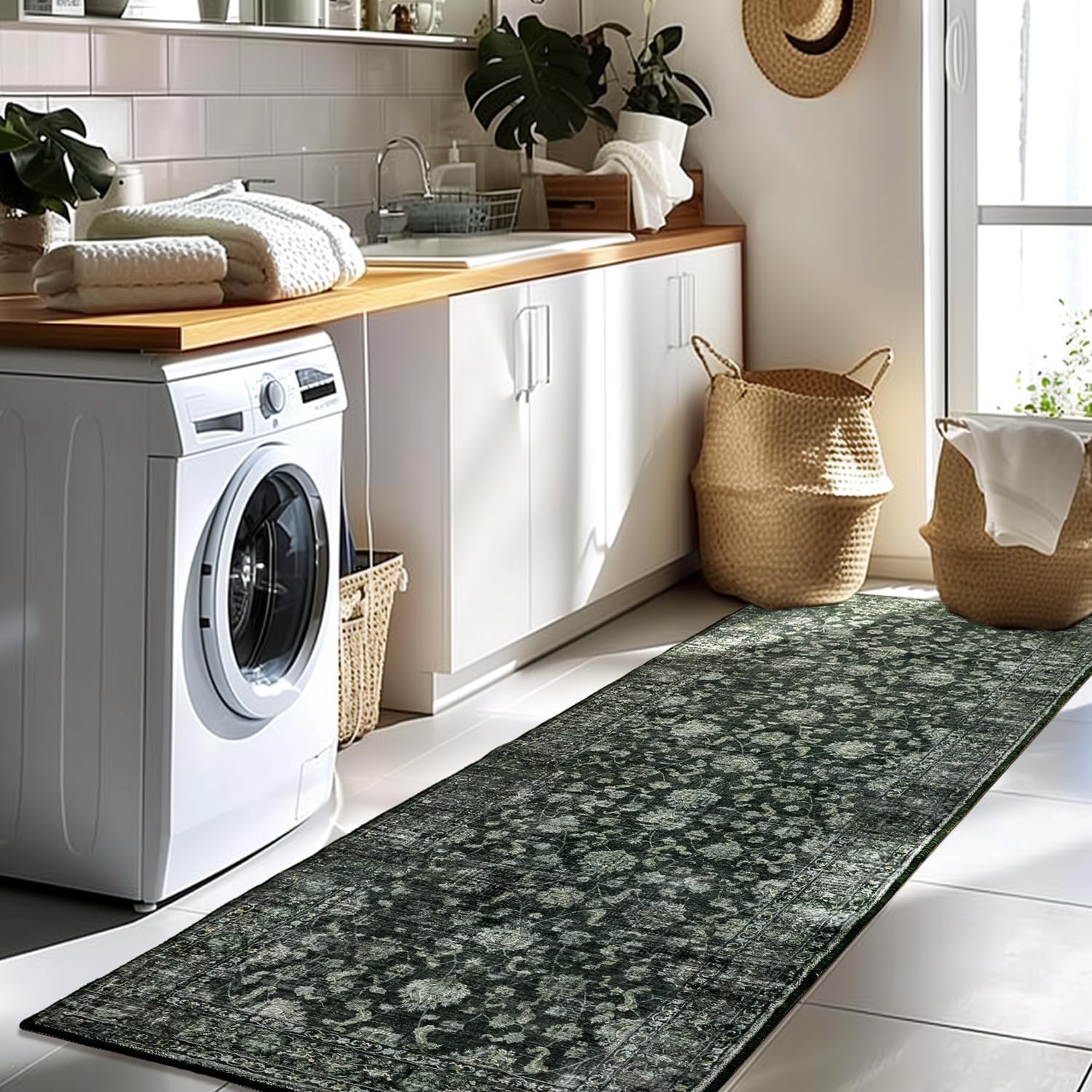 Green Floral 2' x 6' Washable Non-Slip Runner Rug