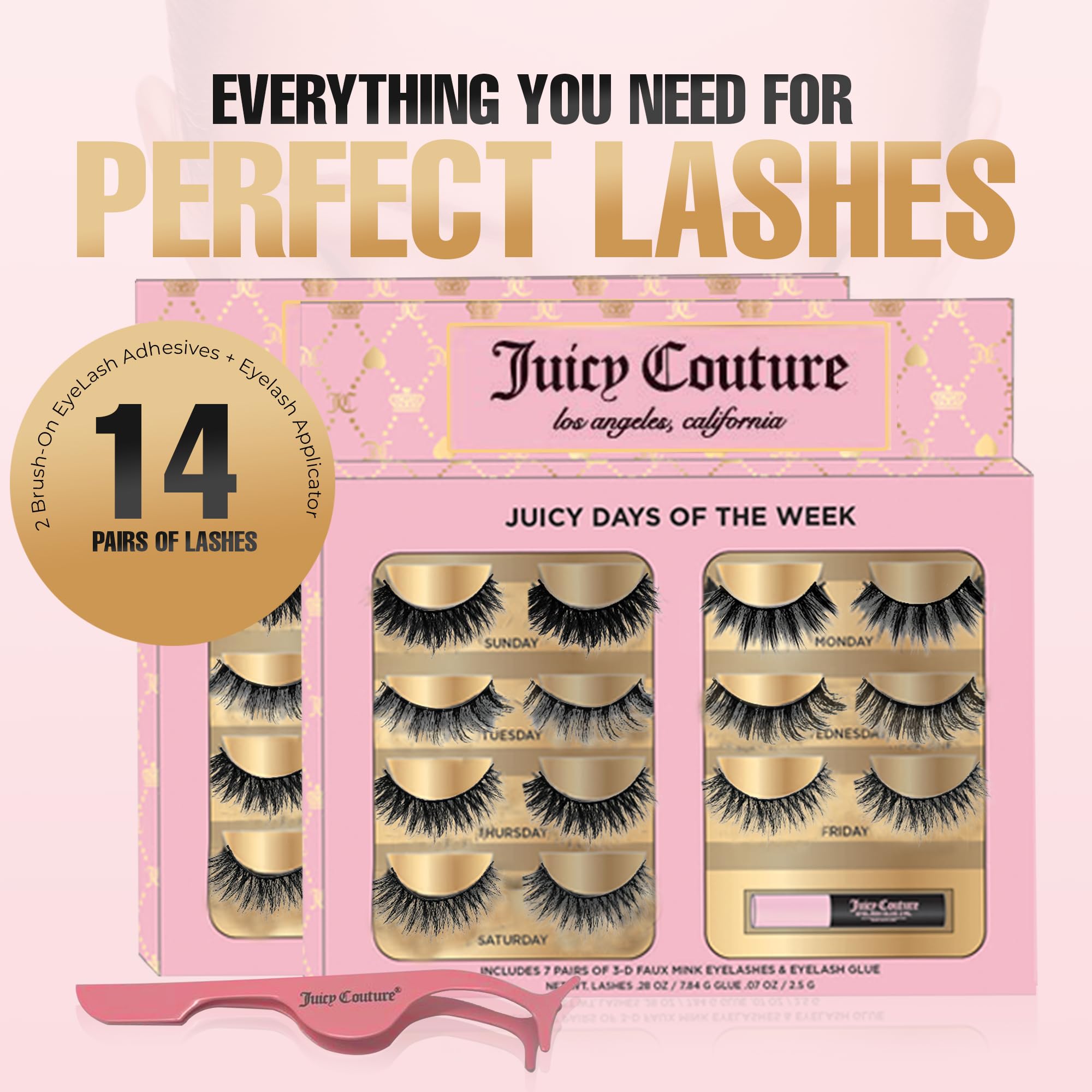 Juicy Couture False Mink Eye Lashes Strips – 3D Wispy Cat Eye Strips with Glue & Applicator – 7 Unique Lash Falsies Every Day for Natural, Fluffy, Dramatic Looks (14 Pairs)