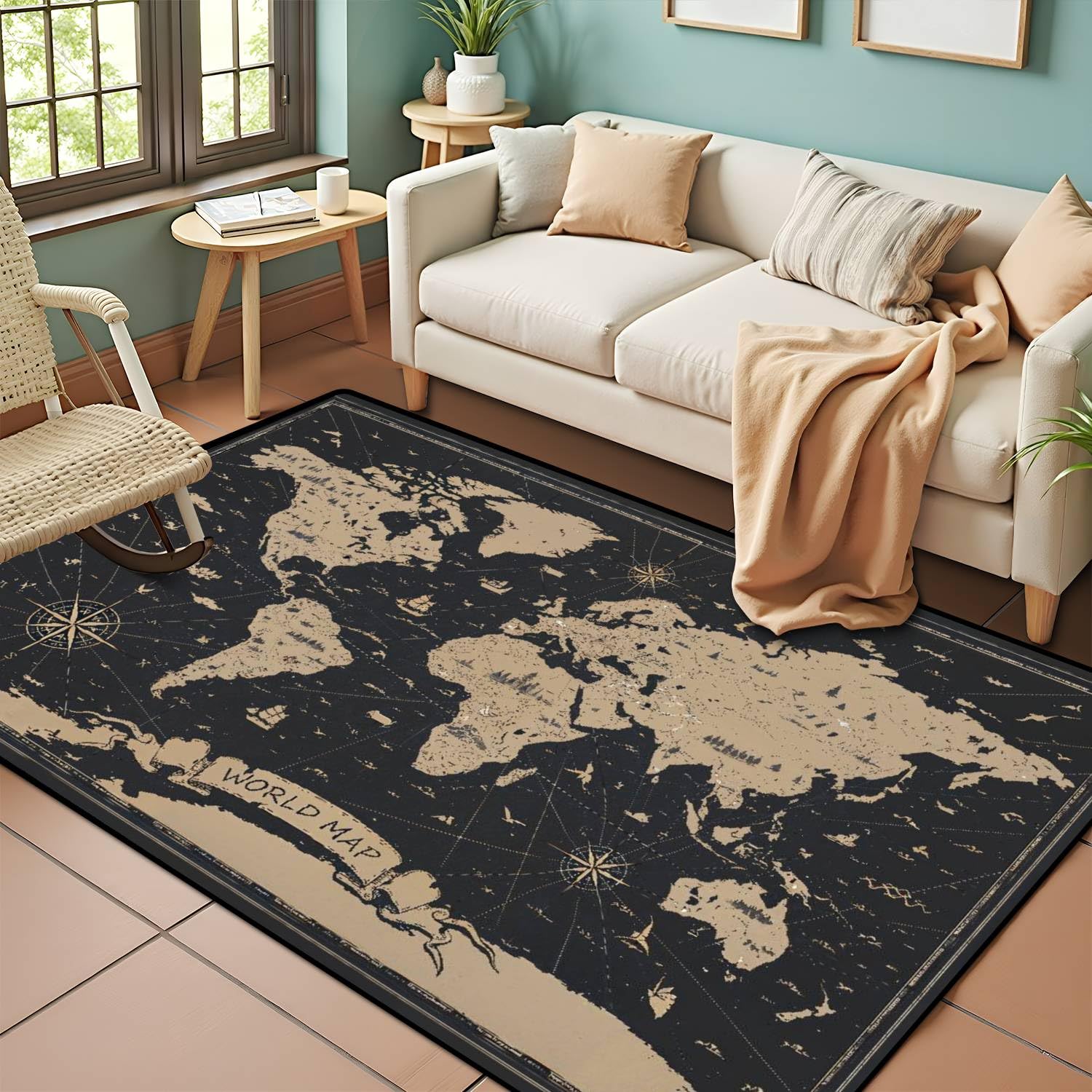 PeeNoke World Map Vintage Black Golden Detailed Area Rug Outdoor Patio Rug Play Mat Modern Floor Carpet Non-Slip Home Decor Living Room Kids Bedroom
