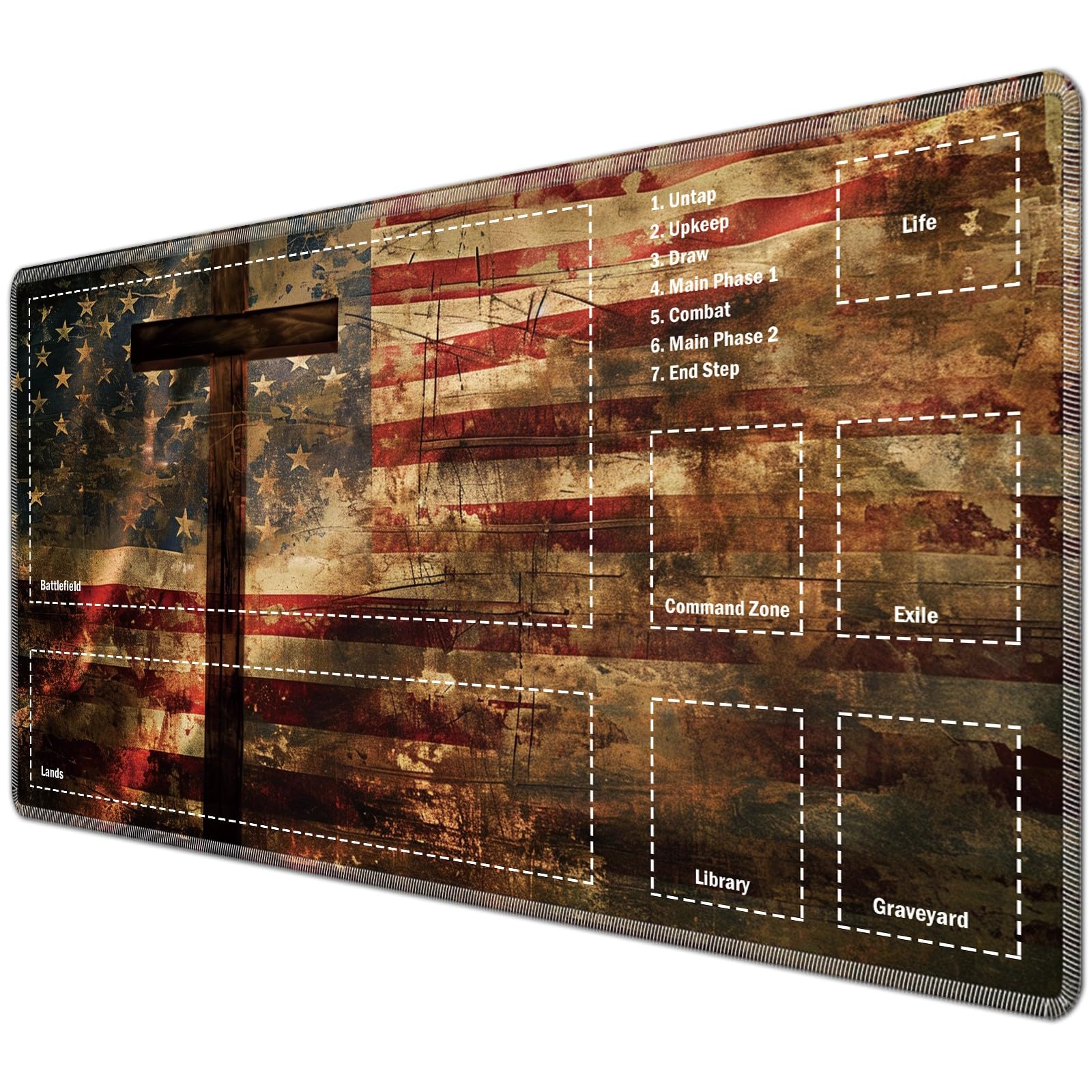 JANENFNA TCG Playmat with Magic Zones 24 x 14 inches Mousepad Compatible for MTG Trading Card Game Play Mats Smooth Rubber Surface Magic The Gathering Play Mat, American Flag Cross — image 1