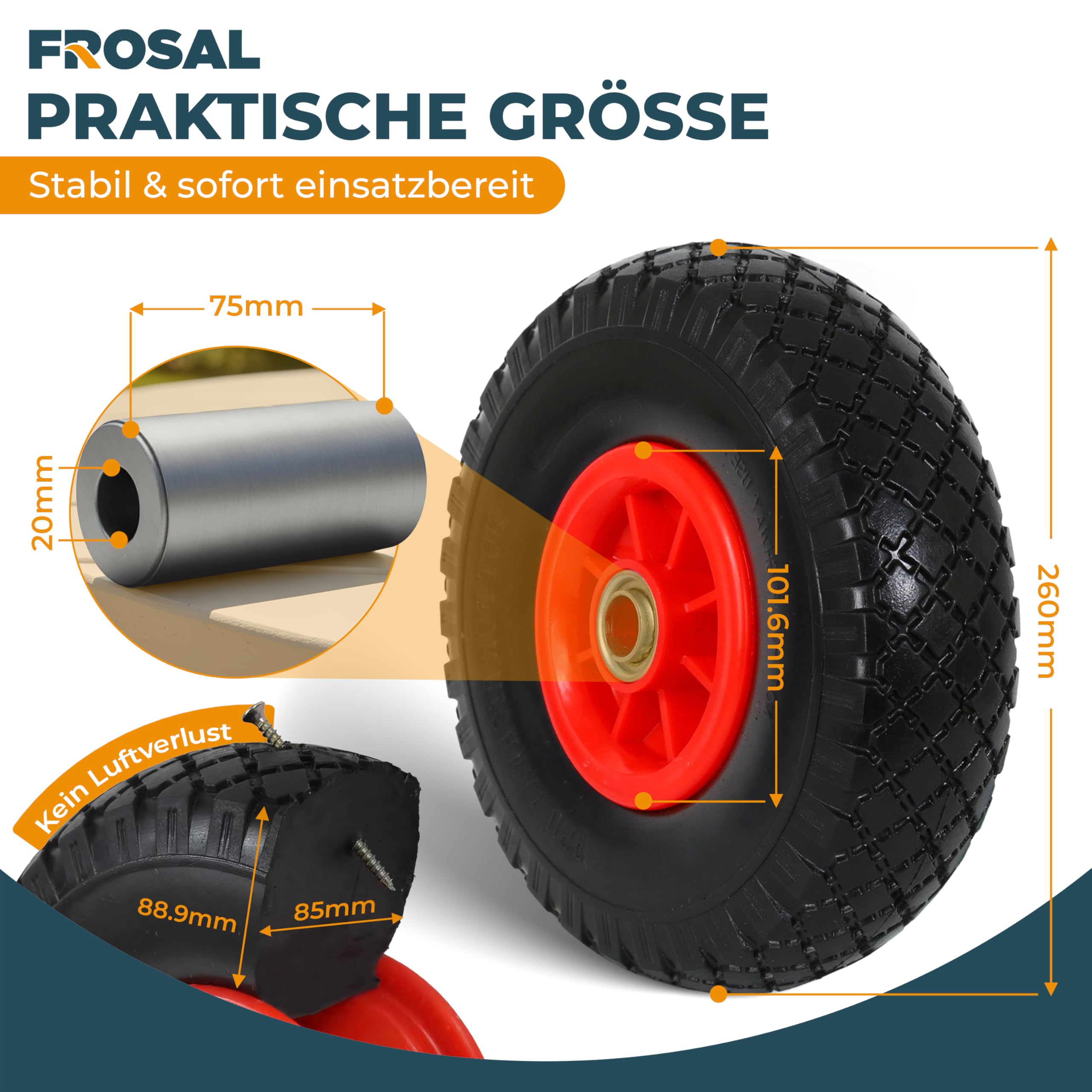 FROSAL Sackkarrenrad PU Rad Sackkarre 260 mm 3.00-4 | 20 mm Achse | Kugellager | Vollgummi | Ersatzrad Bollerwagen pannensicher | Reifen (2)