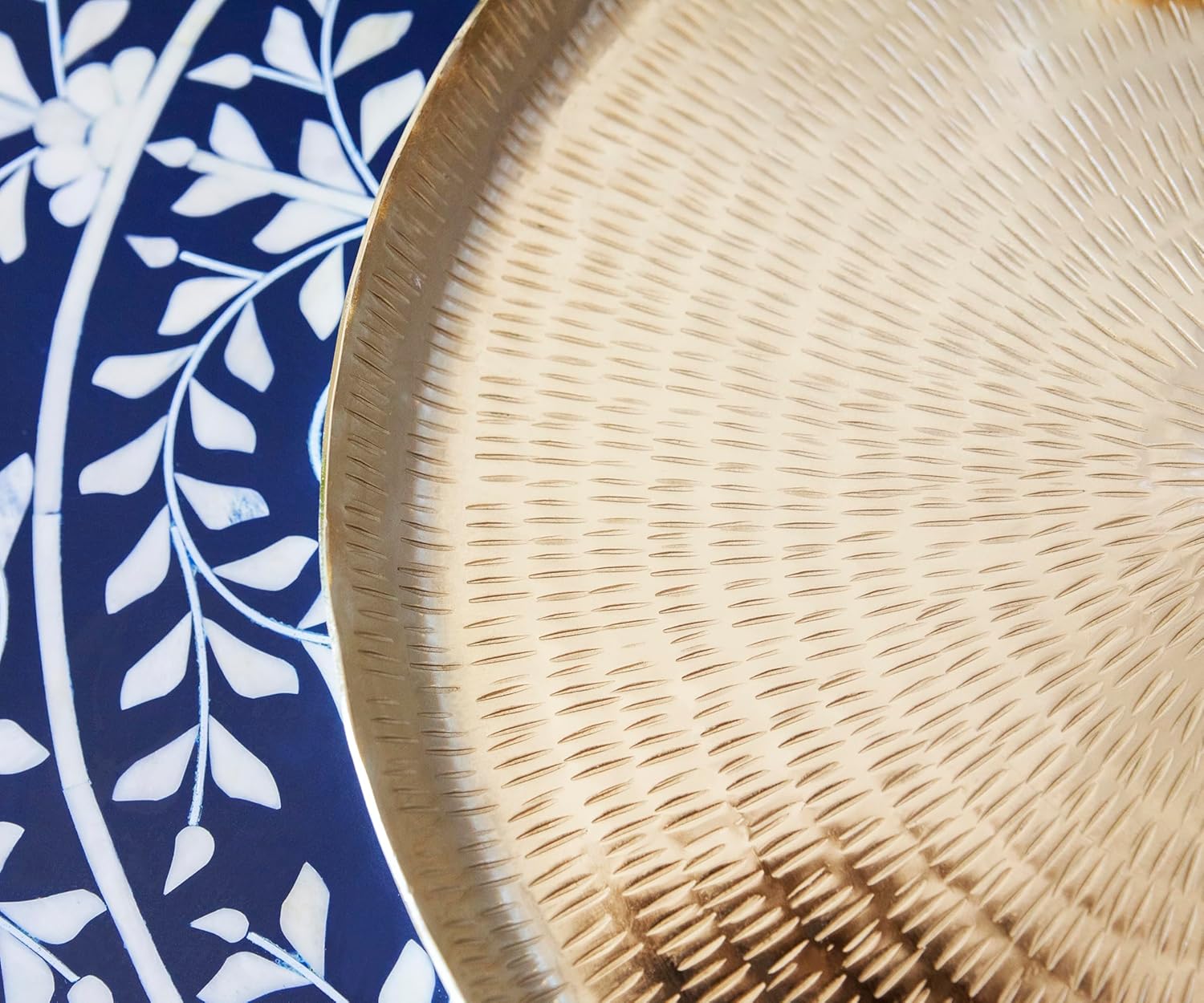 Hammered Brass Circular Tray with Raised Edge – Gold Color Large Round Festive Holiday Serving Dish Platter for Kitchen - Decorative Tray for Home Decor - Vintage Style Boho Decor - 15 in