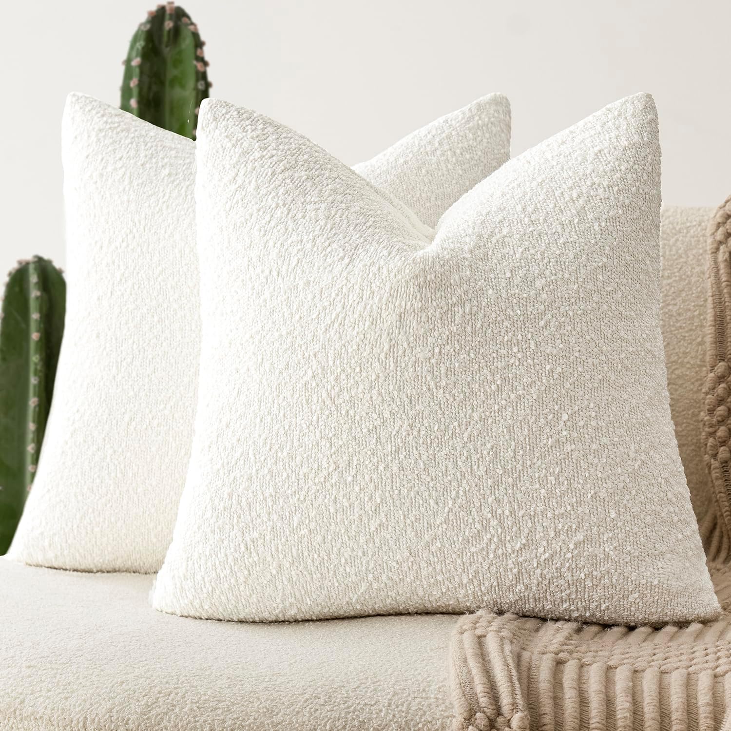 Foindtower Pack of 2 Textured Boucle Throw Pillow Covers Accent Solid Pillow Cases Cozy Soft Decorative Couch Cushion Case for Chair Sofa Bedroom Living Room Home Decor, 18 x 18 Inch,White