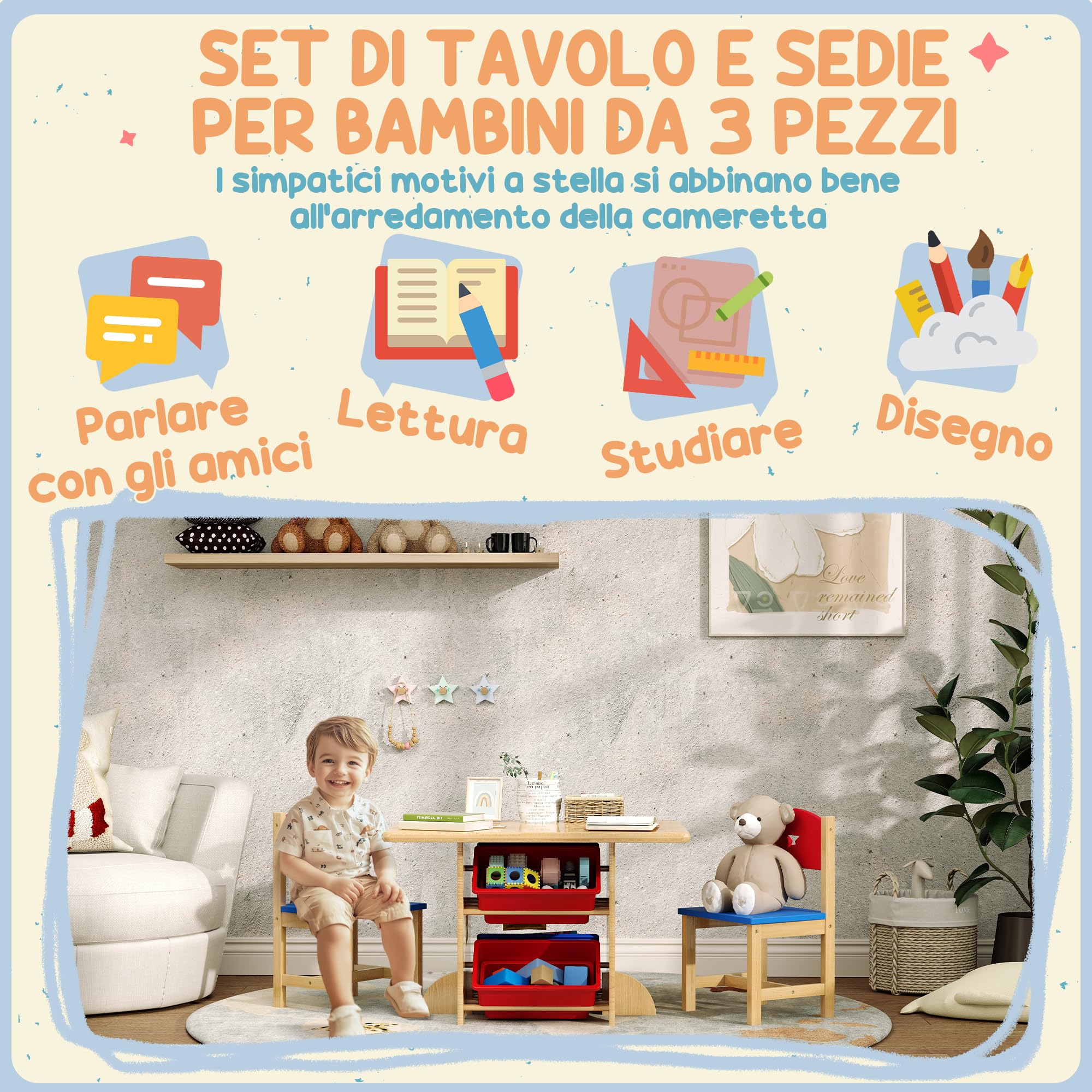 AIYAPLAY Set Tavolino e Sedie per Bambini 3-7 Anni, Tavolo per Bambini con 2 Sedie e 4 Contenitori Portaoggetti per Cameretta, in MDF e Legno di Pino, Color Legno