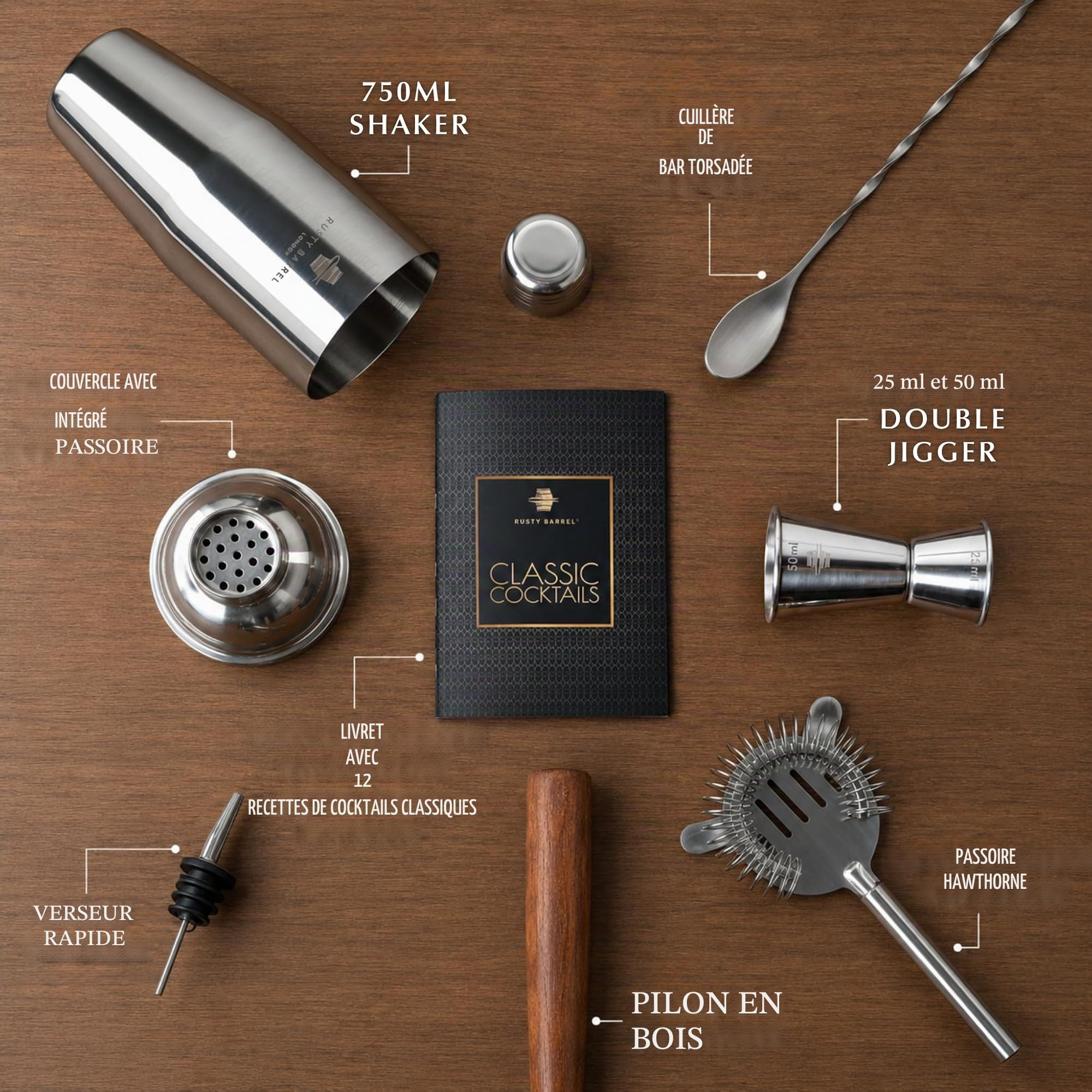 Coffret à Cocktail Mayfair — Kit Cocktail avec Shaker Cocktail en INOX de Style Manhattan | Cocktail Shaker Kit, Kit Barman, Cocktail Kit Complet | dans Une Boîte Cadeau Luxueuse