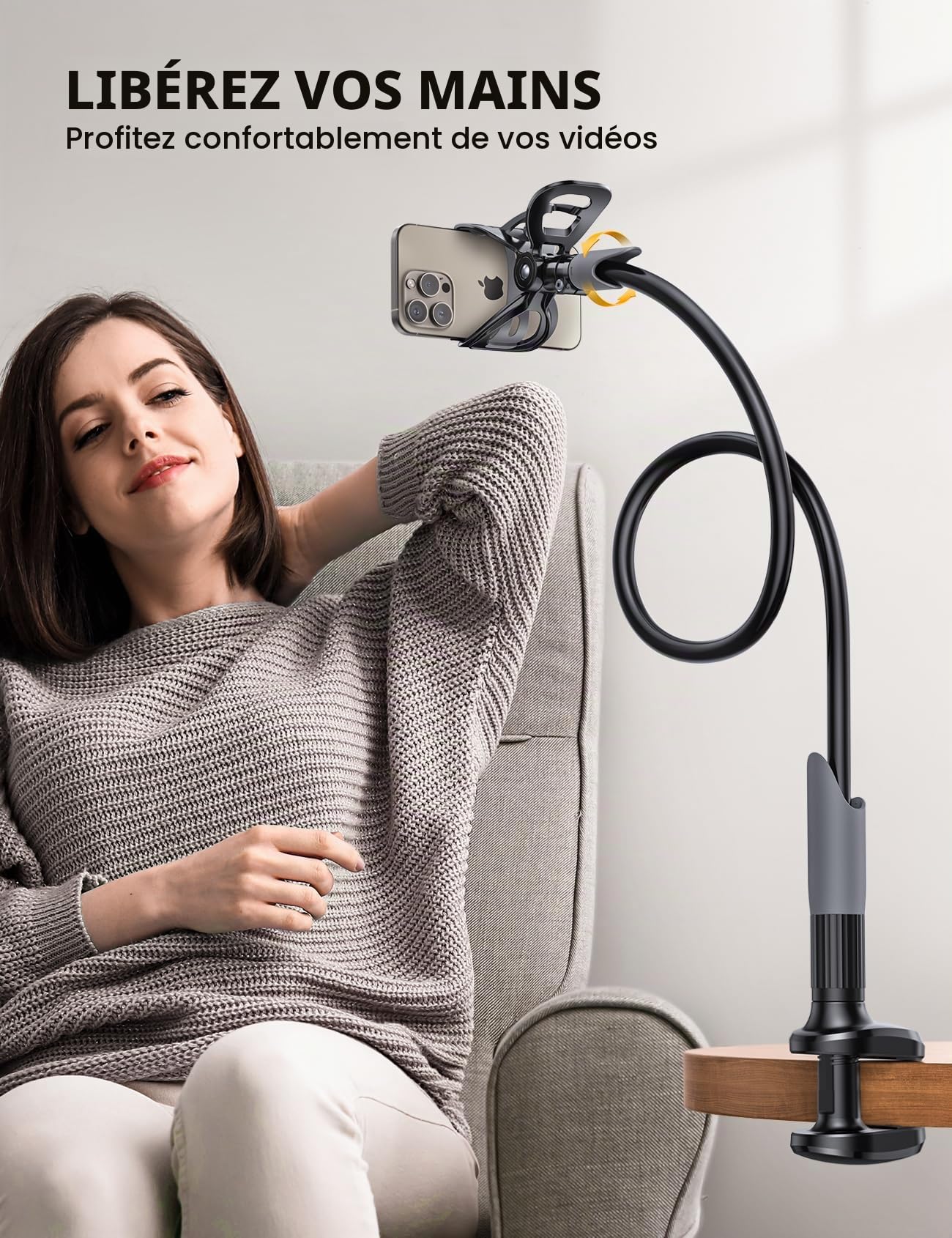 Lamicall Support Téléphone, Gooseneck Support Réglable - Universelle Rotation 360° Support pour iPhone 17 Pro Max Air, 16/15/14/13 Pro Max Mini, XS XR X 8 7, Switch, Samsung, Smartphones - Noir