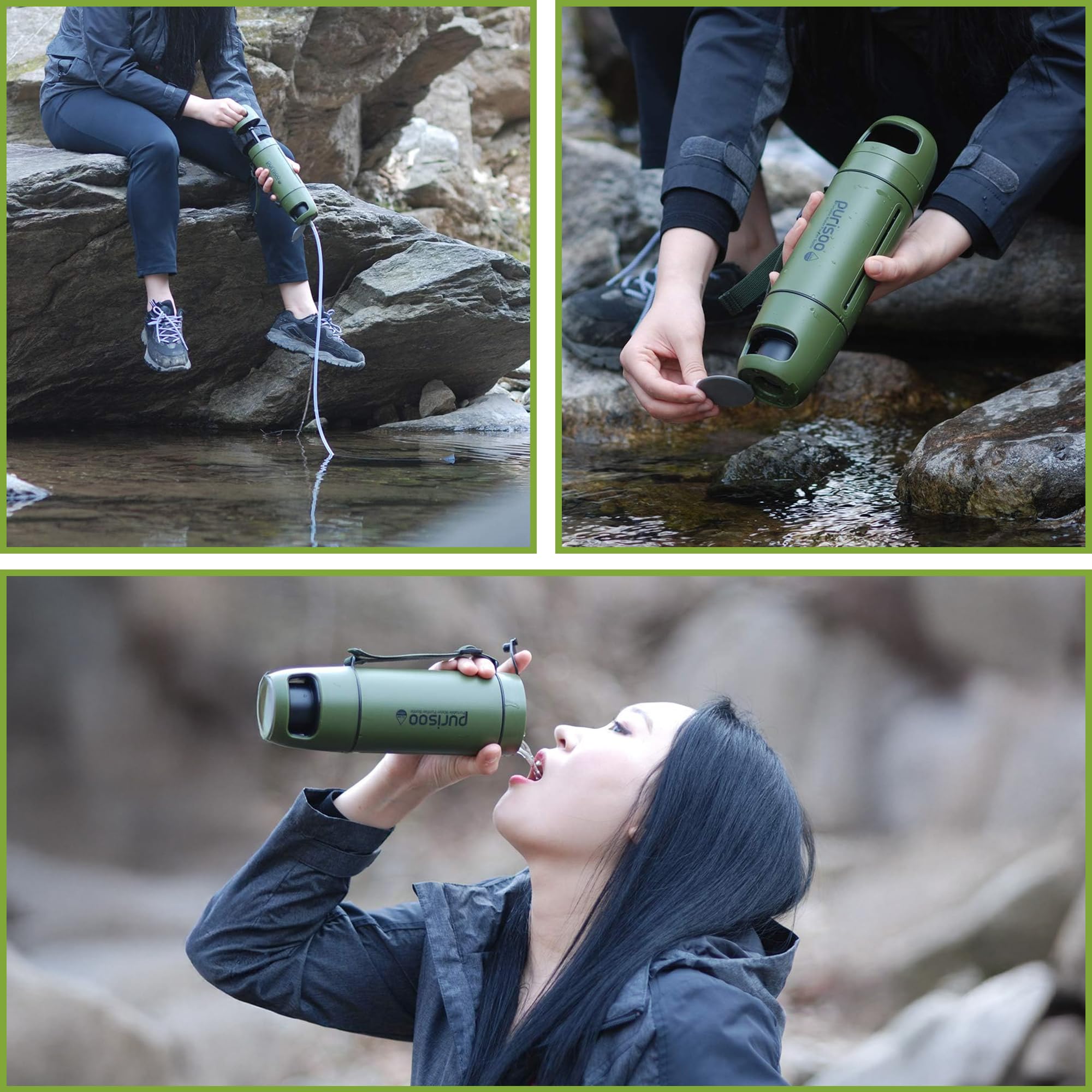 Extralink Purisoo+ Wasserfilter Outdoor mit Pumpe – Filterflasche 400ml mit UF Filter und Aktivkohle – Entfernt 99,99% Bakterien, Viren & Mikroplastik– Ideal für Wandern, Camping, Notfälle - Grün