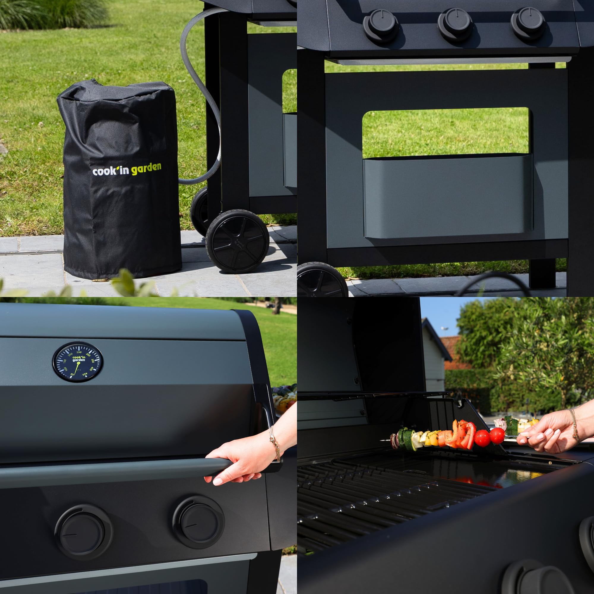 Cook’in Garden - Barbecue Gaz Burn, 3 Brûleurs, Fonction Grill et Plancha, Récupérateur de Graisse Amovible, Thermomètre Intégré, 10,5 kW, Idéal 10 Personnes