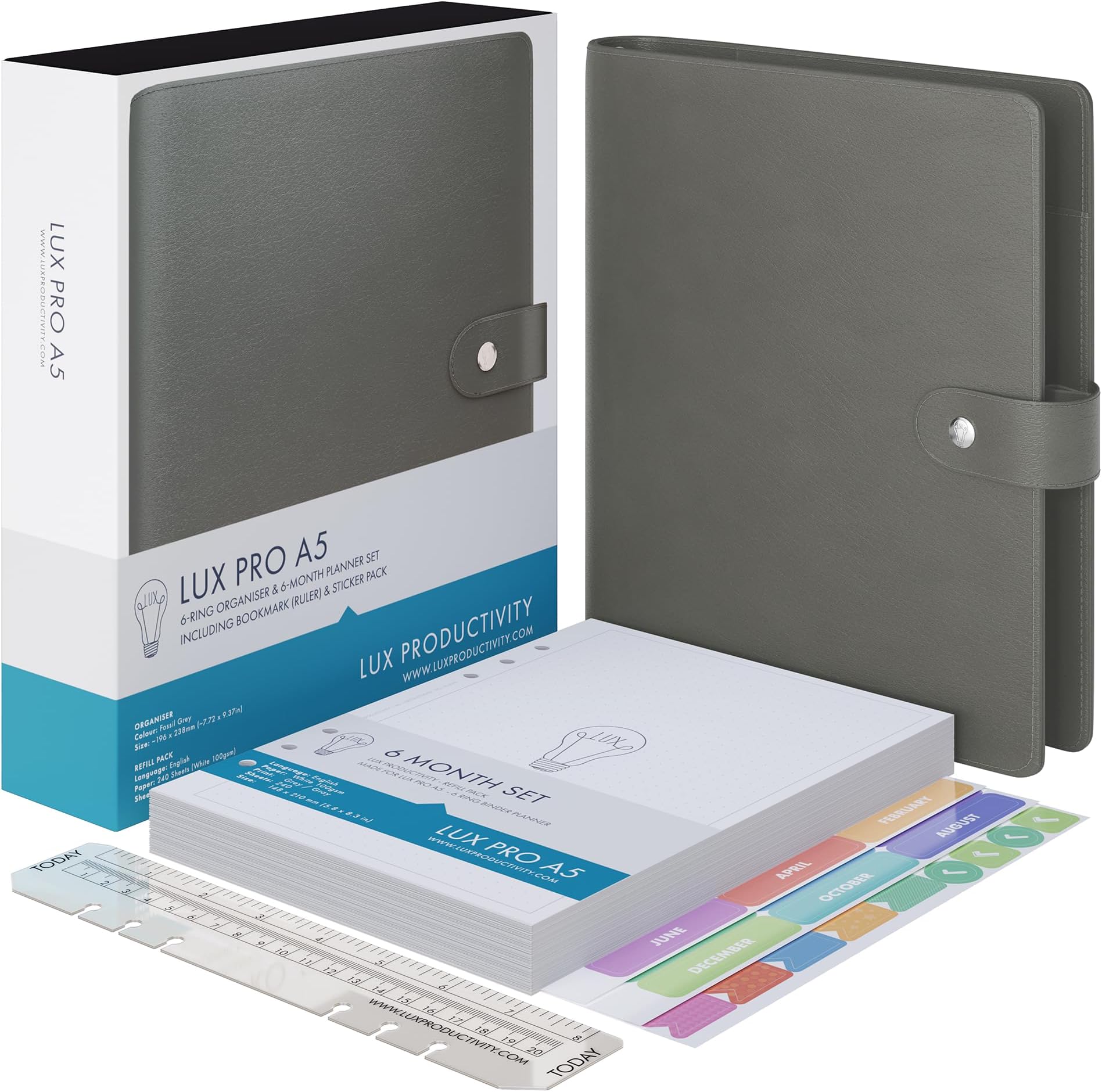 LUX PRO A5 - Daily Planner & appointment diary - Gratitude journal, wellness journal & UNDATED weekly planners and organisers - Desk journals for women & men - LUX Productivity (Fossil Grey))
