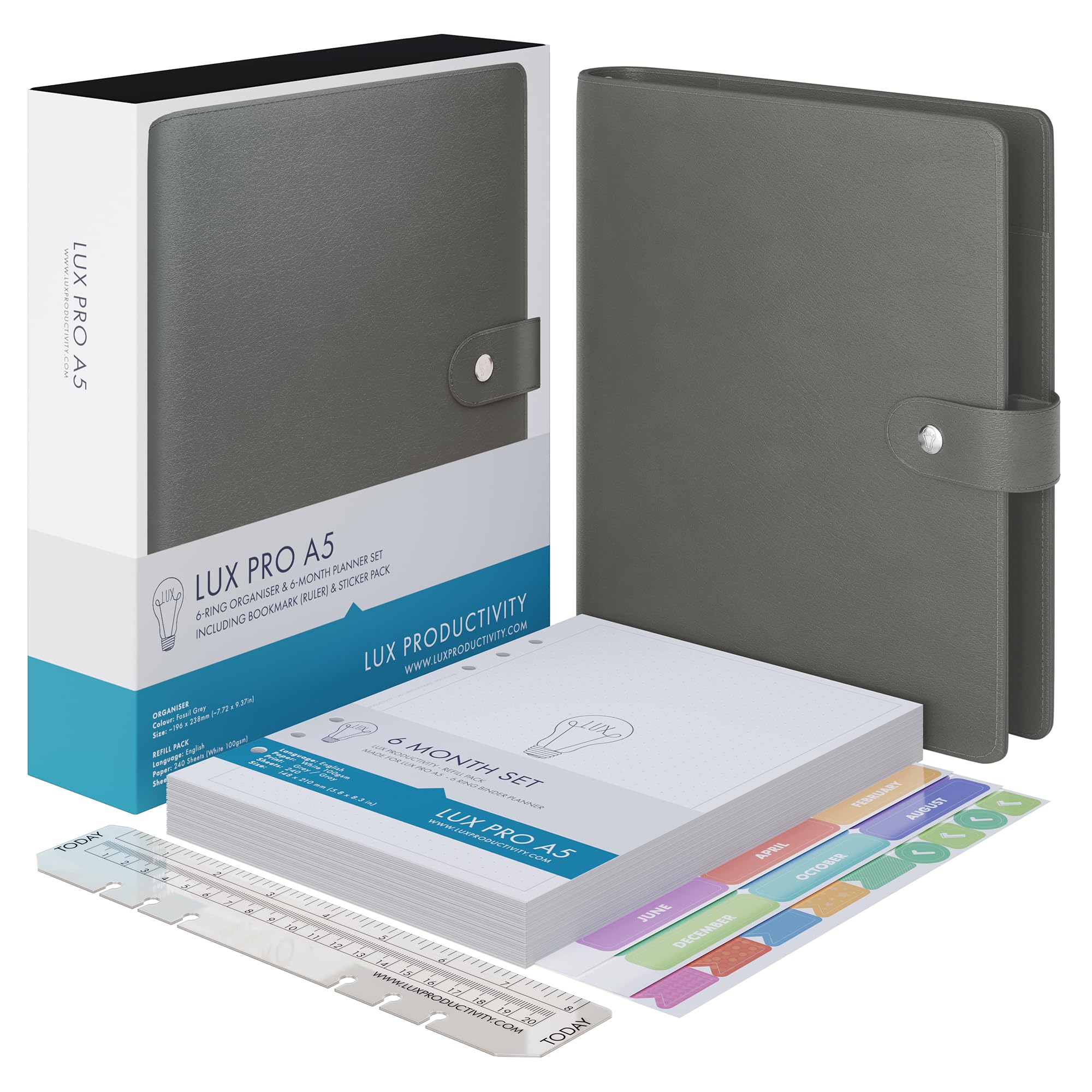 LUX PRO A5 - Daily Planner & appointment diary - Gratitude journal, wellness journal & UNDATED weekly planners and organisers - Desk journals for women & men - LUX Productivity (Fossil Grey))