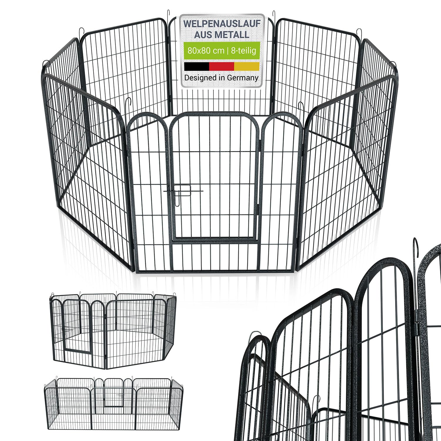 Juskys Welpenauslauf Plus 160x160x80 cm - Welpenlaufstall 8-teilig aus Metall - Freigehege mit Tür - Welpengitter für Hunde, Hasen & Kleintiere