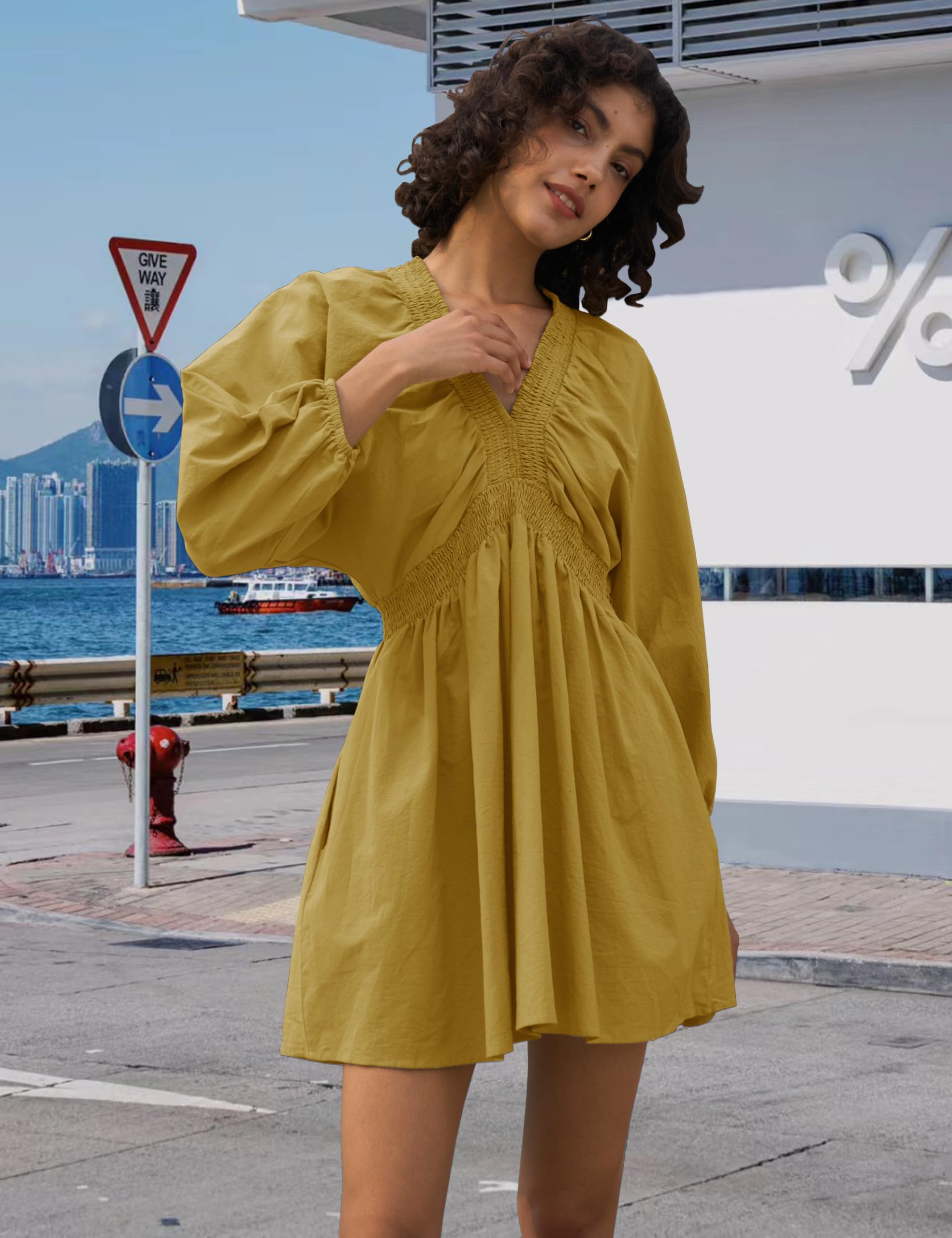 Vestido tipo túnica sexy de manga larga con cuello en V para mujer, casual, holgado, con vuelo, mini vestido recto