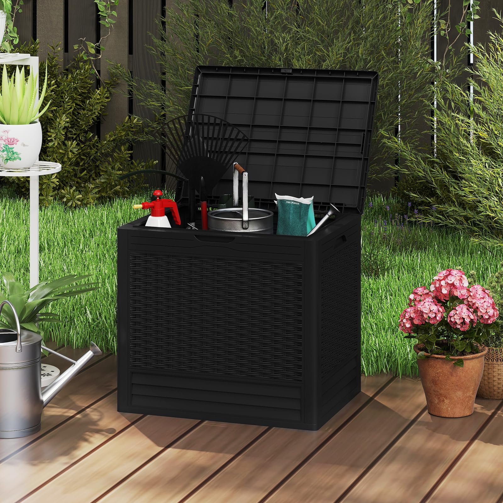 GIANTEX 96L Gartenbox, wasserdichte Auflagenbox für In- & Outdoor, abschließbarer Aufbewahrungsbox Rattanoptik, Kissenbox für Paketlieferung, Poolzubehör & Gartengeräte (Schwarz)