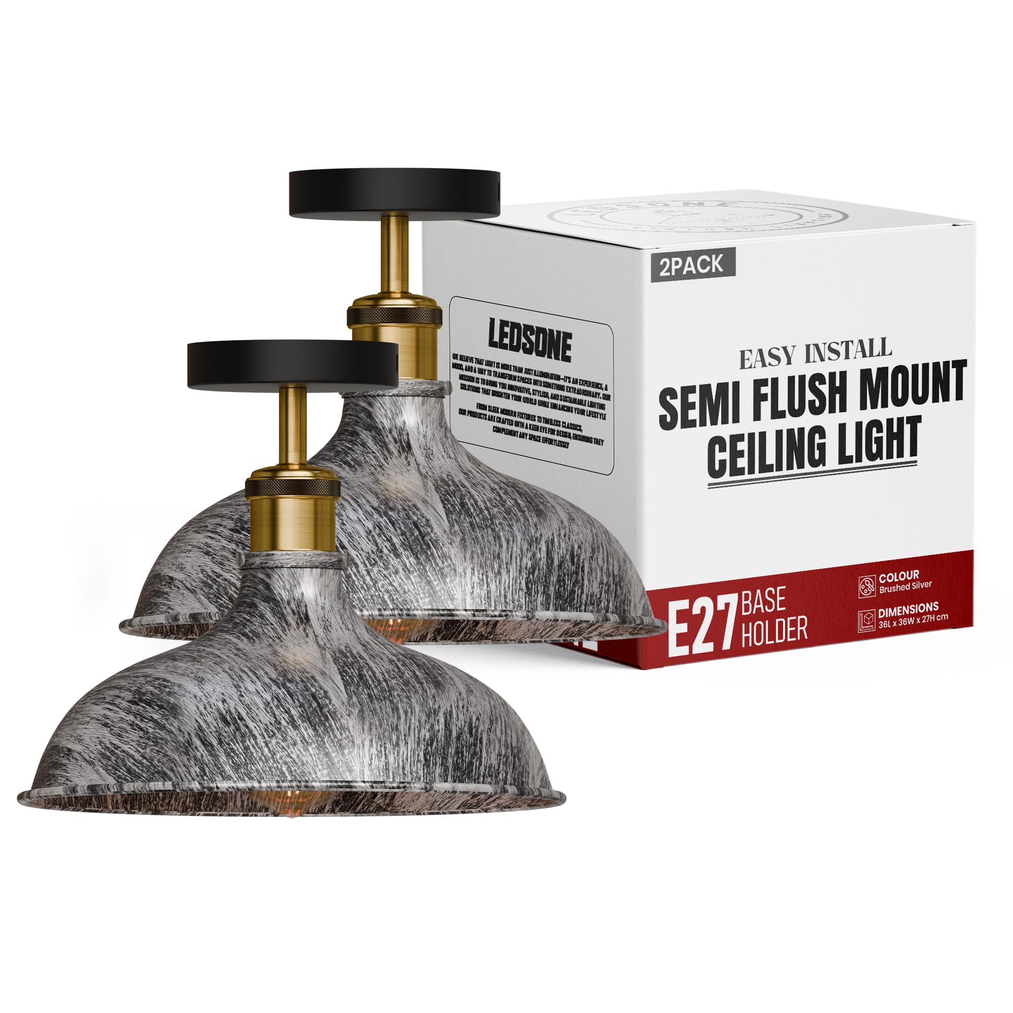 Ledsone Brushed Silver With Bulb 2 Pack Pack Of 2 Vintage Flush Mount Ceiling Light Fixture 22Cm Cone Brushed Silver Lampshade Industrial Metal E27 Lamp Holder Ceiling Lighting For Bedroom Living Room Kitchen With Bulb