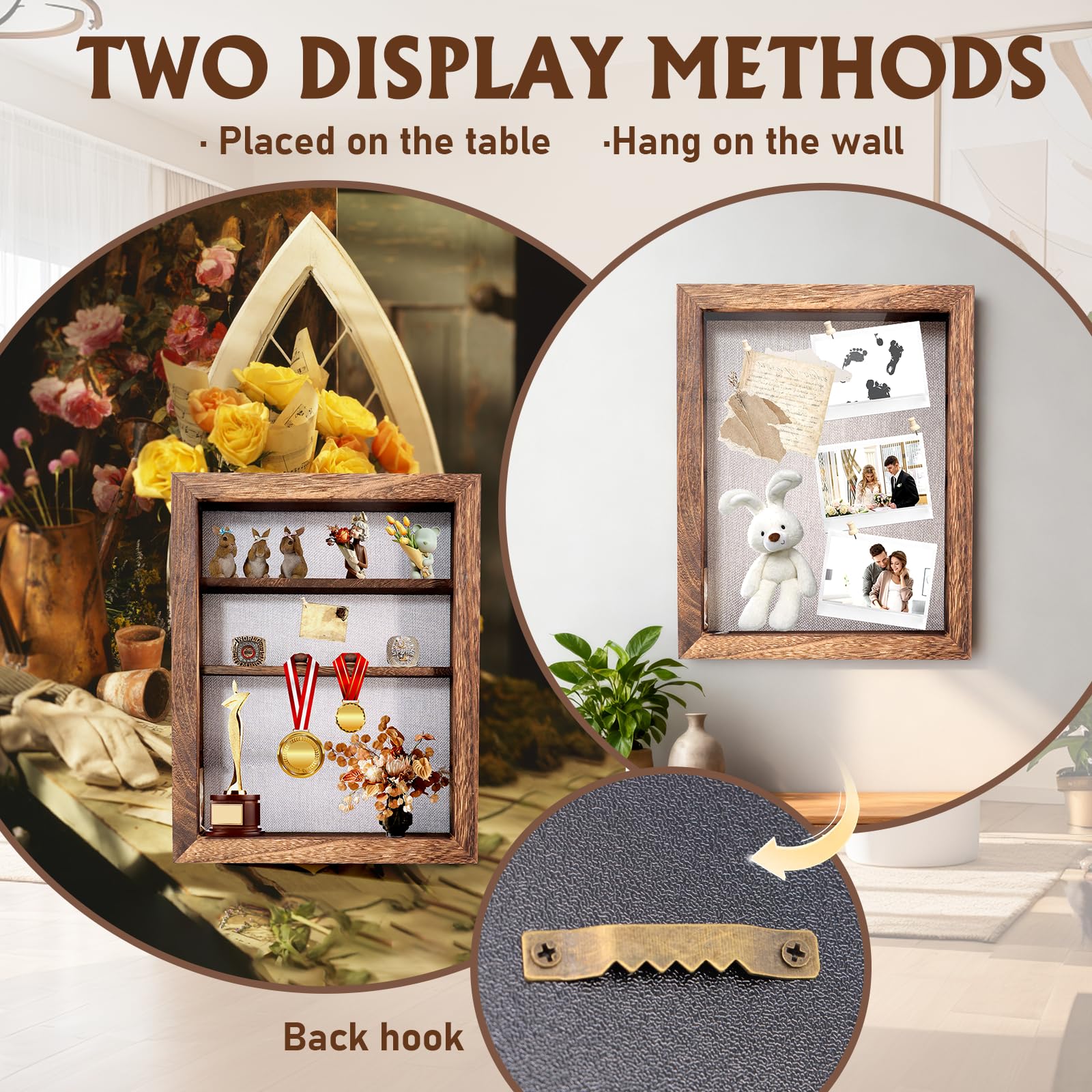 Shadow Box 14 x 11 brązowe ramki na zdjęcia z oświetleniem LED, pudełka na pamiątki z 4 wyjmowanymi półkami na drobiazgi, na rocznicę, ślub, dla absolwentów dziecka, pamiątka, zbieraj głęboki brąz