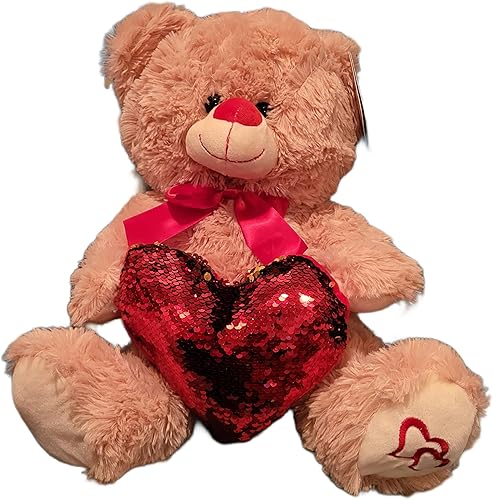 Miniatura 3 de Día de San Valentín de 15 pulgadas marrón marrón tostado y blanco color varía peluche de oso con corazón de lentejuelas rojas relleno para el