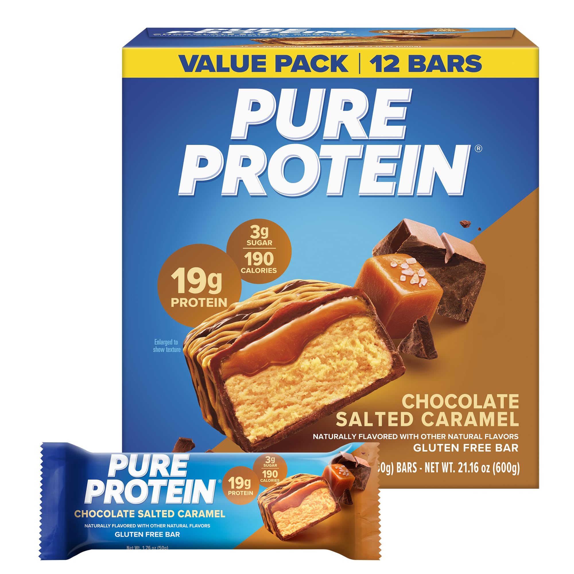 Pure Protein Chocolate Salted Caramel Protein Bars, 20g Protein, 12 Ct | 3g Sugar, 190 Calories, Low Sugar* High Protein Snack, Gluten Free