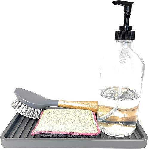 Miniatura 2 de Happitasa - Bandeja organizadora para fregadero de cocina de silicona, soporte de esponja y protector de encimera, estilo de líneas rectas (gris, 10