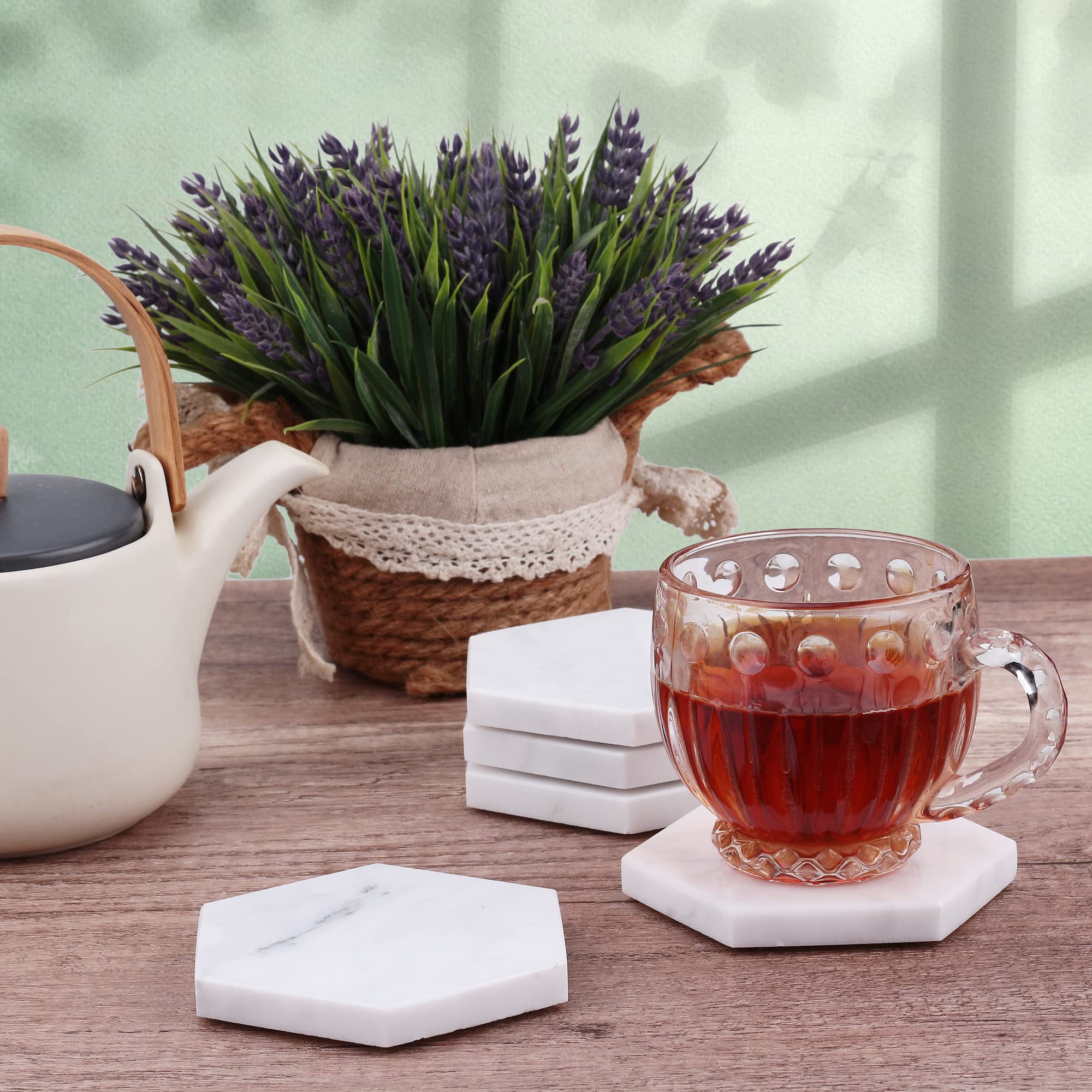 LIFVER Onderzetters, set van 6, wit, marmeren stijl, keramische ronde onderzetters met kurkbodem en houder, voor dames en heren, voor verschillende kopjes, tafel- en woondecoratie, 10 cm