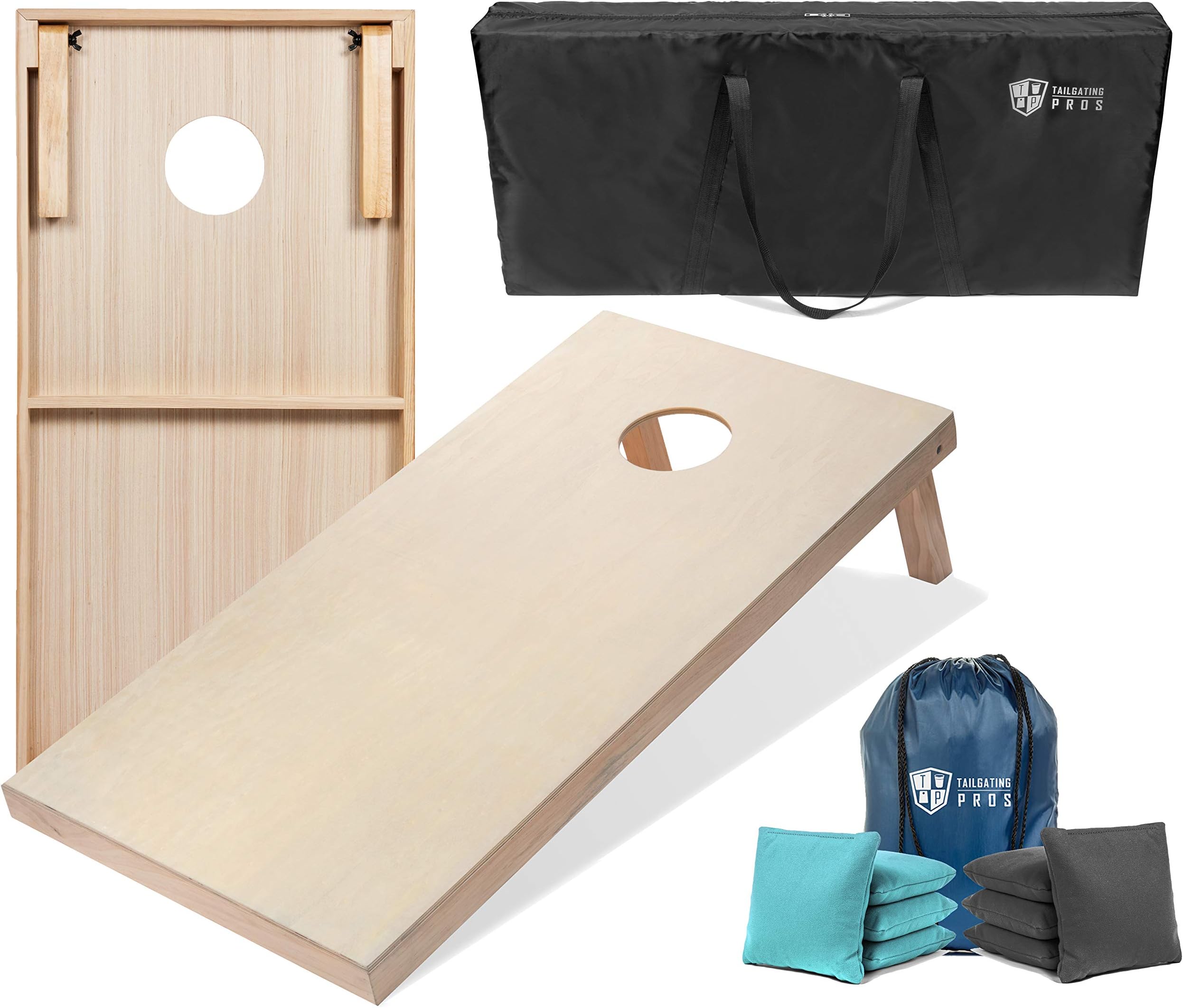 Tailgating Pros Cornhole Boards - 4'x2' & 3'x2' Cornhole Game w/Carrying Case & Set of 8 Corn Hole Bags - 150+ Color Combos! Optional LED Lights