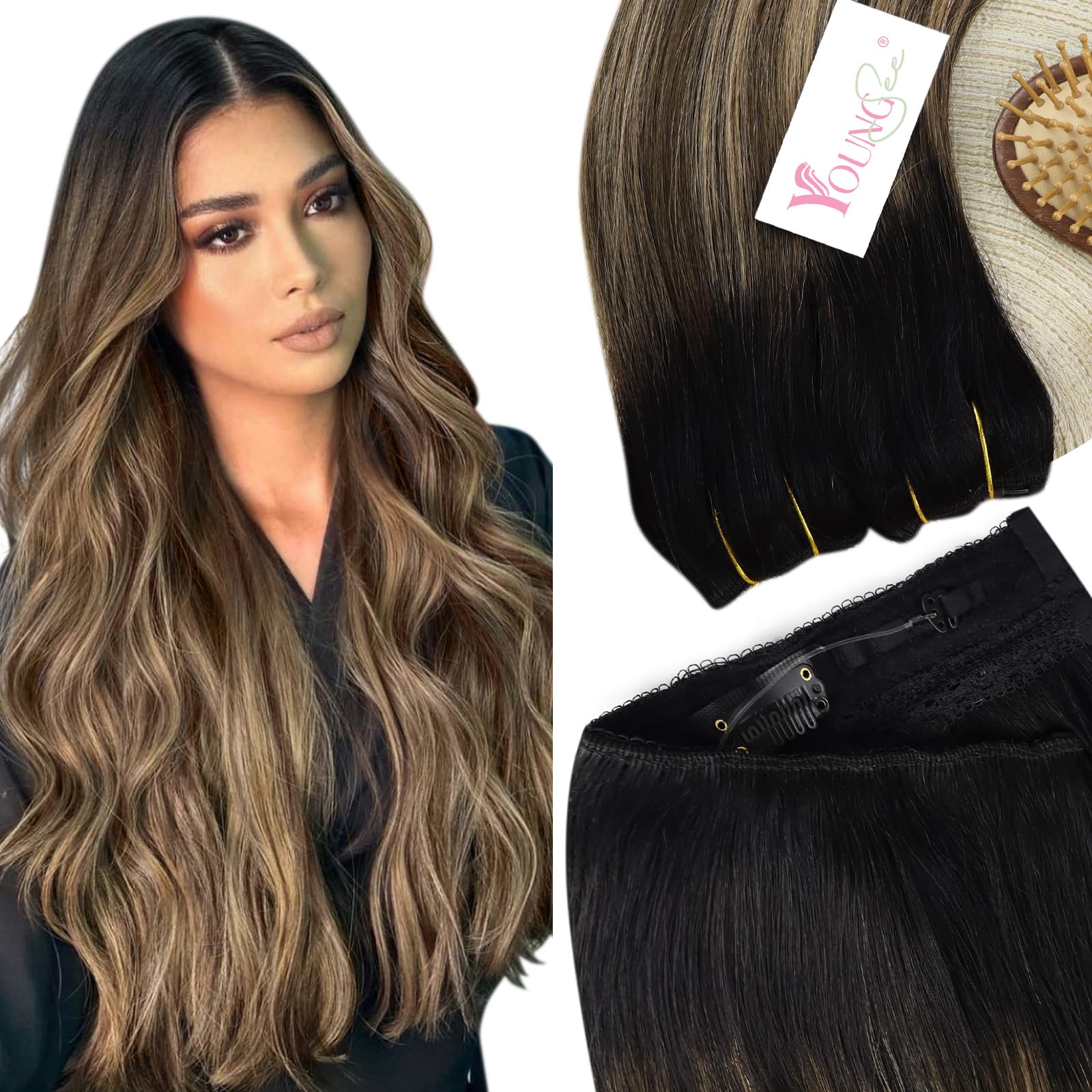 YoungSee Wire Hair Extensions Ombre 14inch Wire Human Hair Extensions Black to Dark Brown with Blonde Balayage Fish Line Human Hair Extensions for Beginners 80g One Piece Easy Application