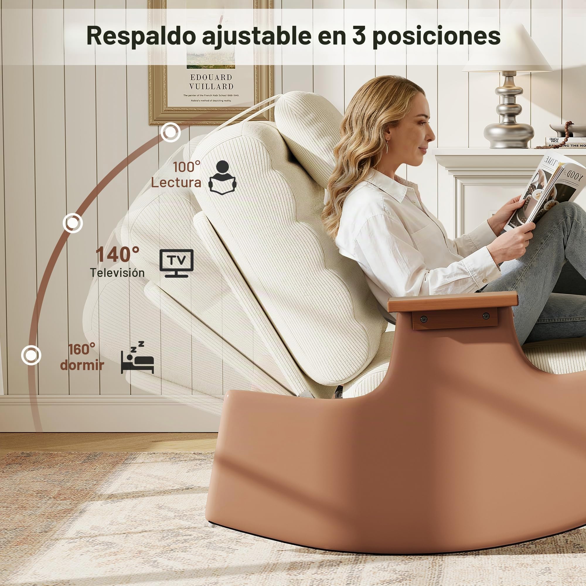 Silla mecedora de respaldo alto con reposapiés, sillón relax con reposabrazos y base de madera y piel, silla de lactancia, mecedora con reposacabezas, Lounge Chair para salón, dormitorio, balcón