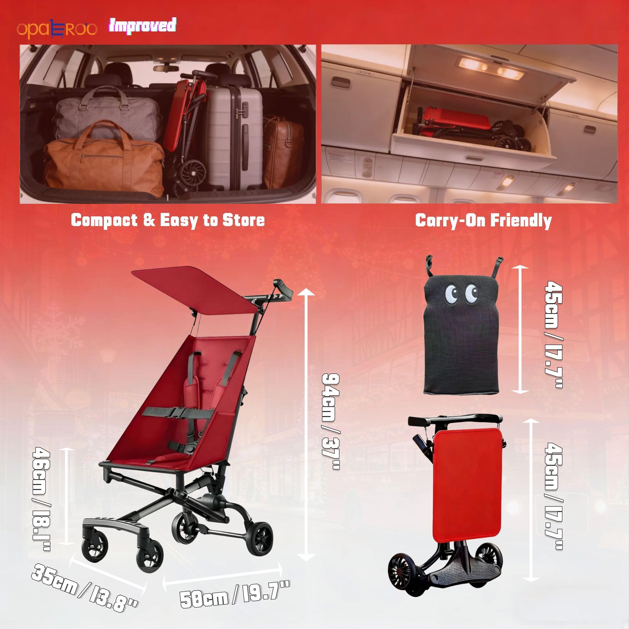 Poussette Légère Pour Avion, 2.8kg Pliage & Dépliage Instantané Poussette Portable, Poussette Bébé Compacte Taille Cabine Avec Coussin Cartoon Amovible Pour Voyage (0-4 Ans), 4 Couleurs red